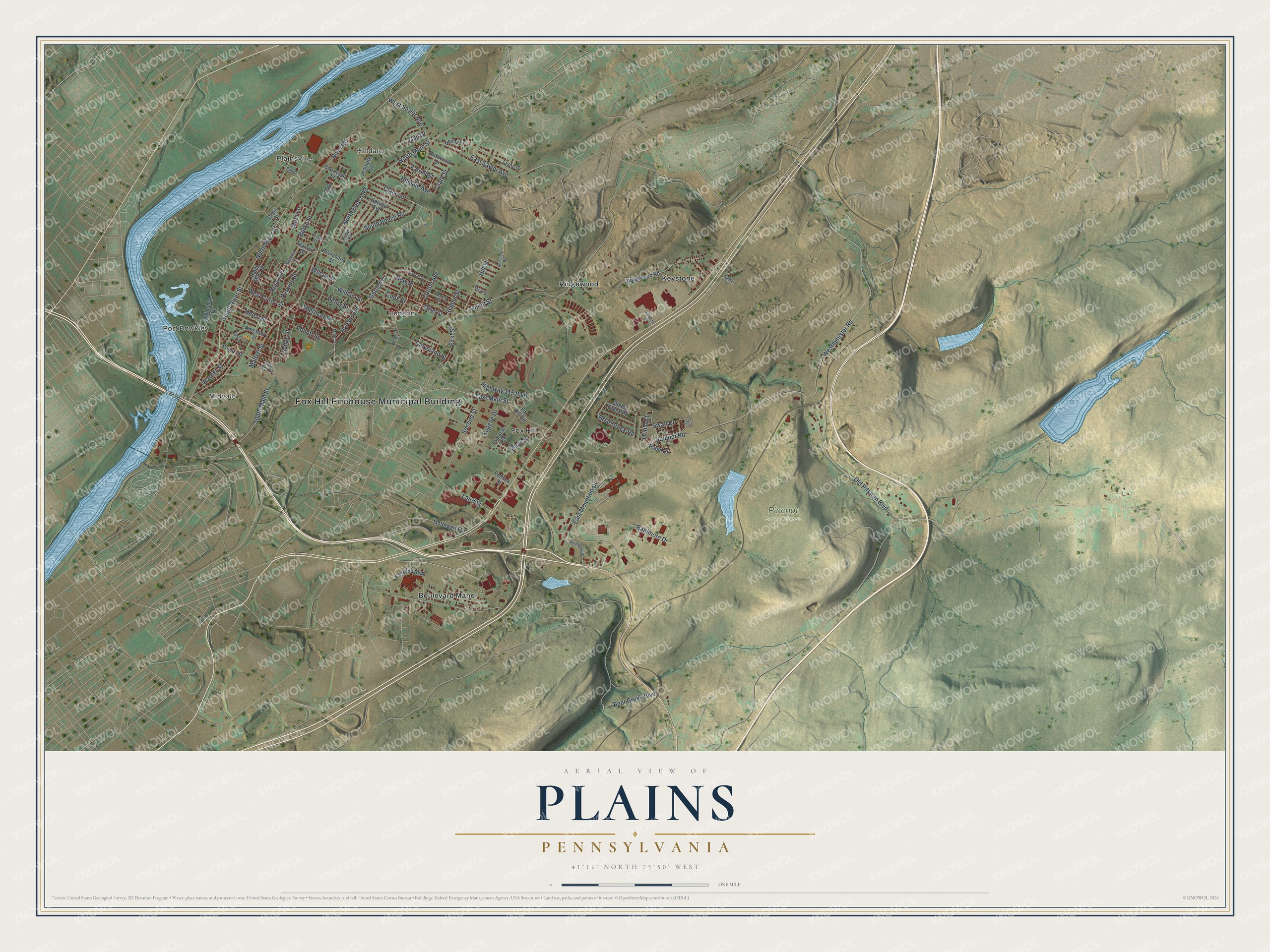 Map of Plains, Pennsylvania with a blue river on the left, red building shapes around Hudson and Port Bowkley, a slanting highway and ridges with lakes to the east