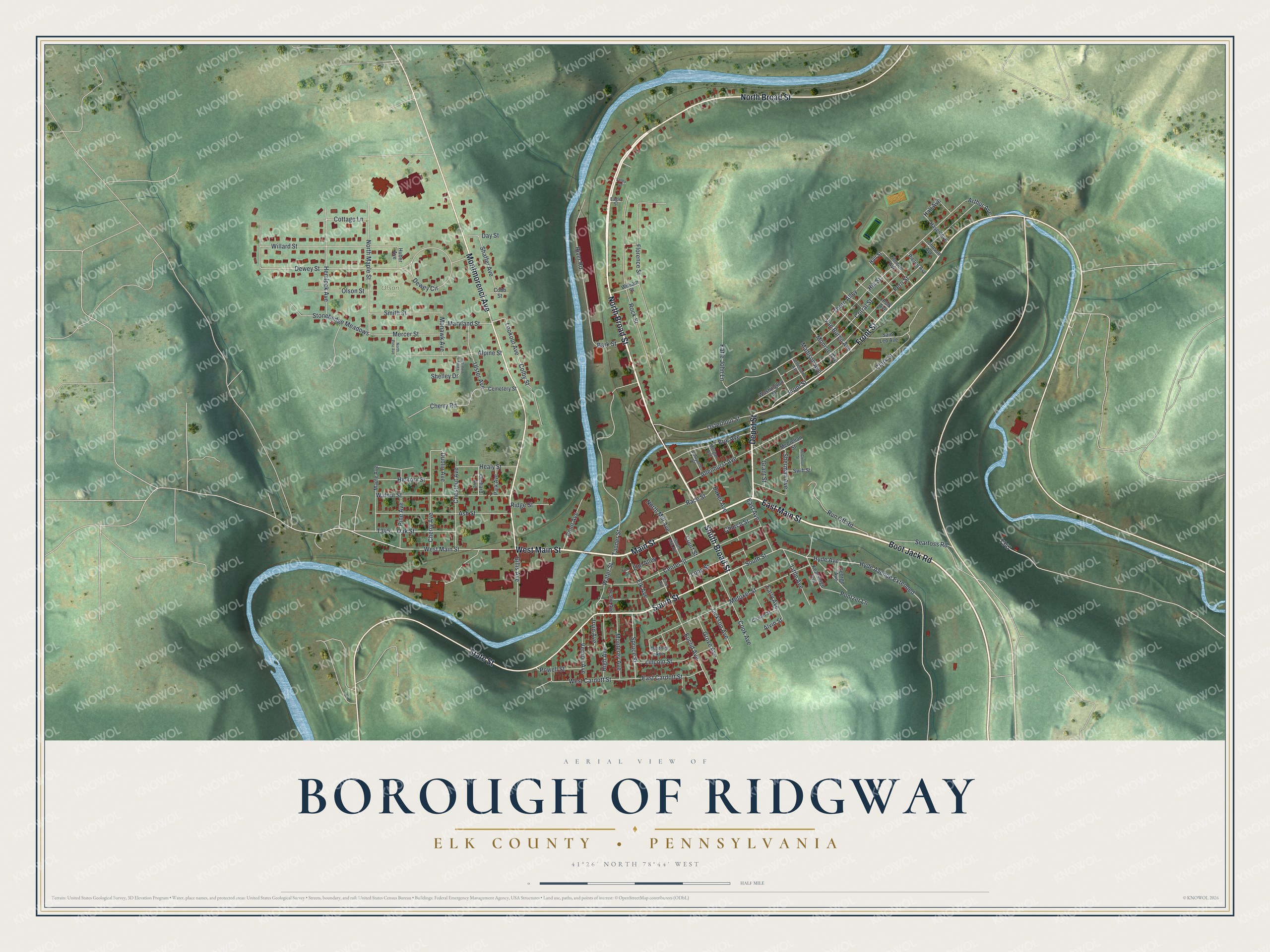 Watermarked full-map preview of Borough of Ridgway, Pennsylvania