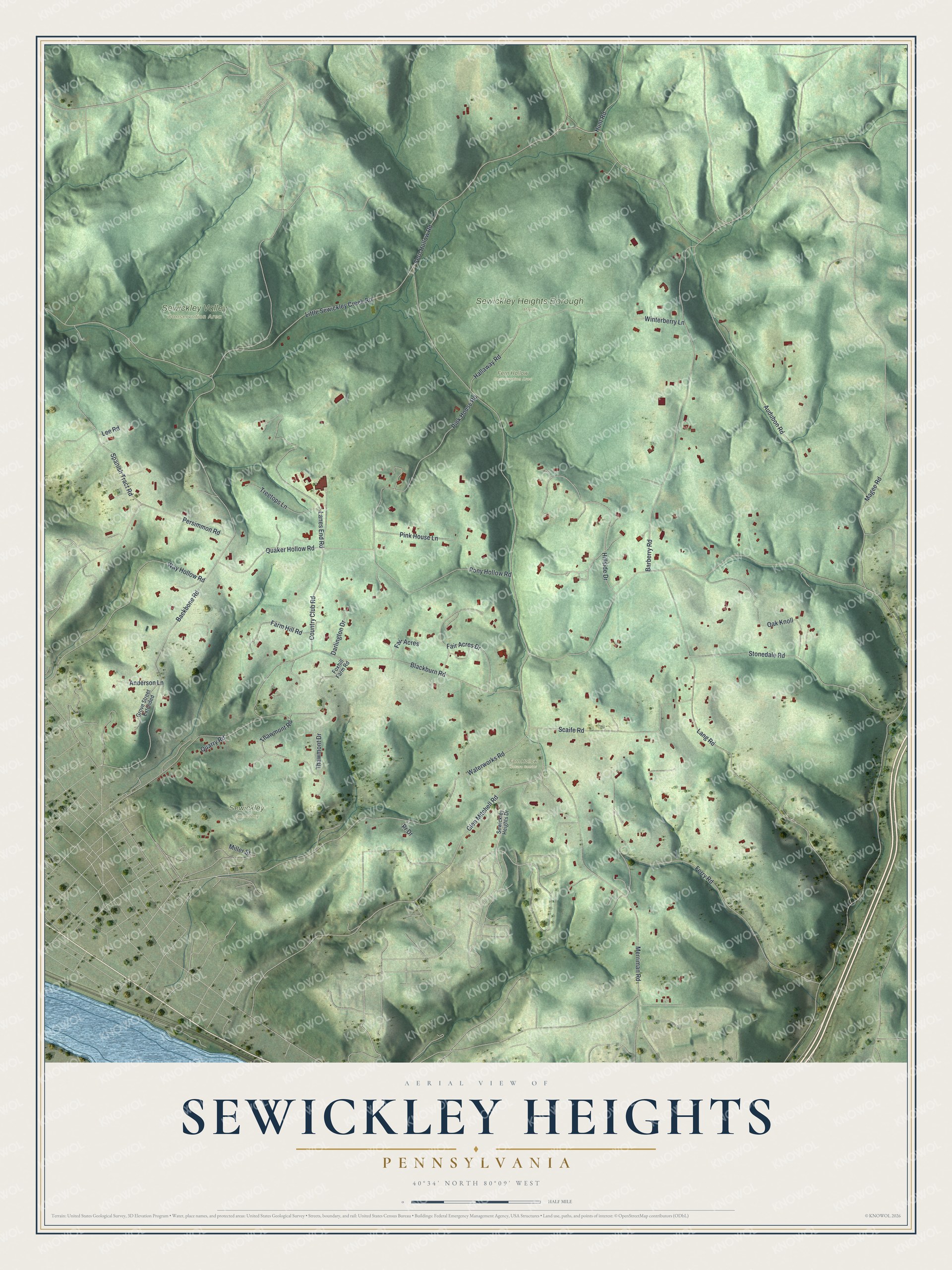 Watermarked full-map preview of Sewickley Heights, Pennsylvania