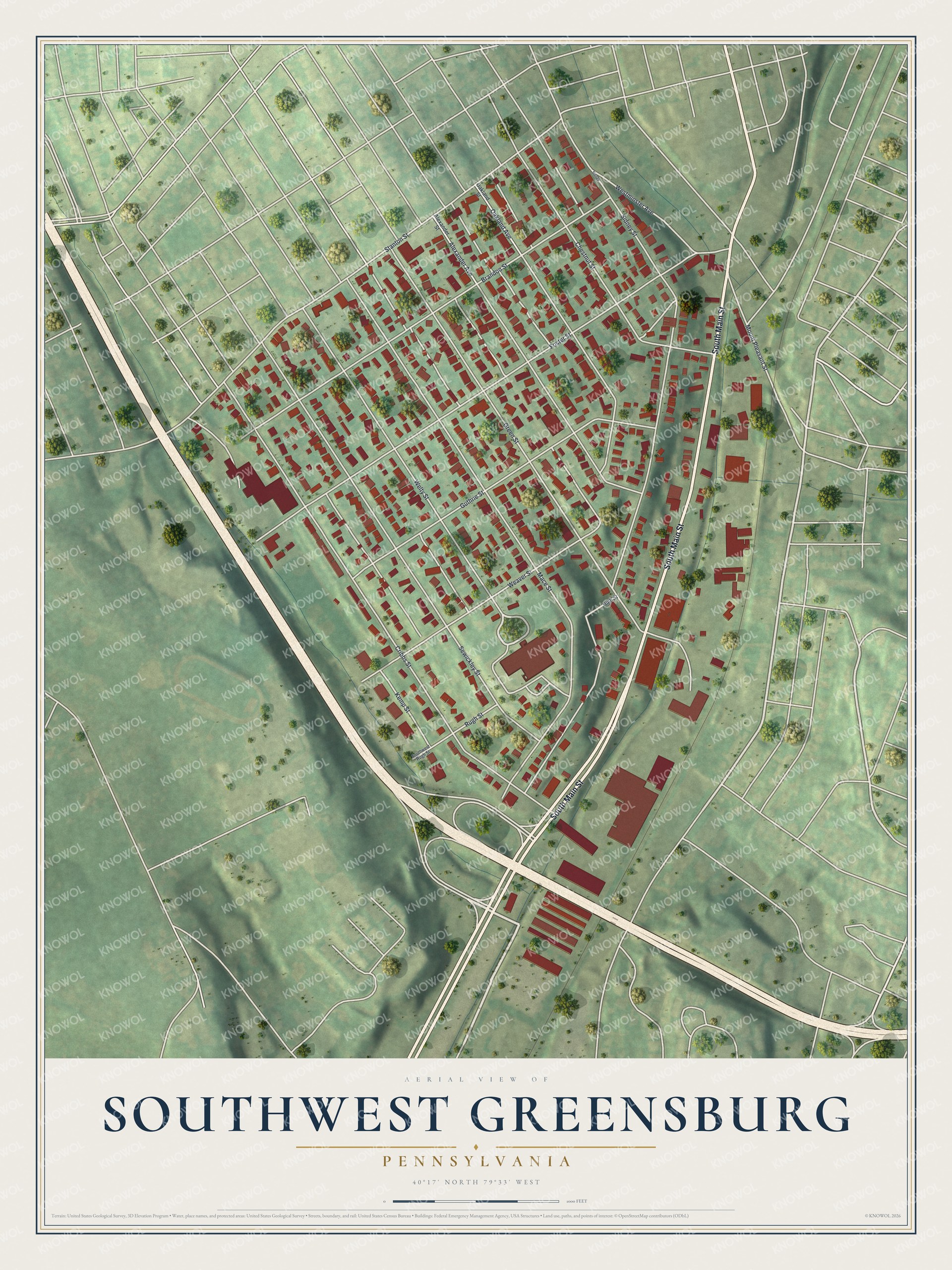 Watermarked full-map preview of Southwest Greensburg, Pennsylvania