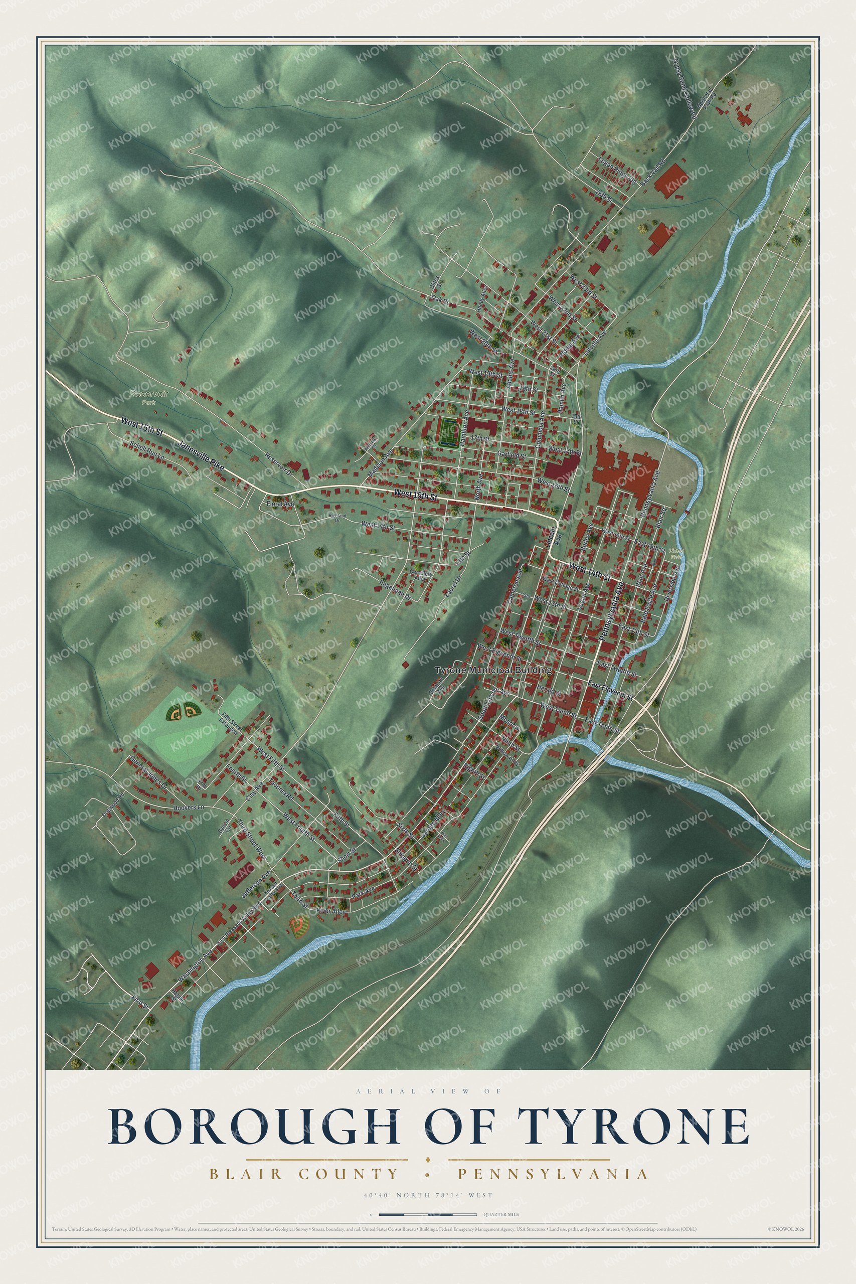 Watermarked full-map preview of Borough of Tyrone, Pennsylvania