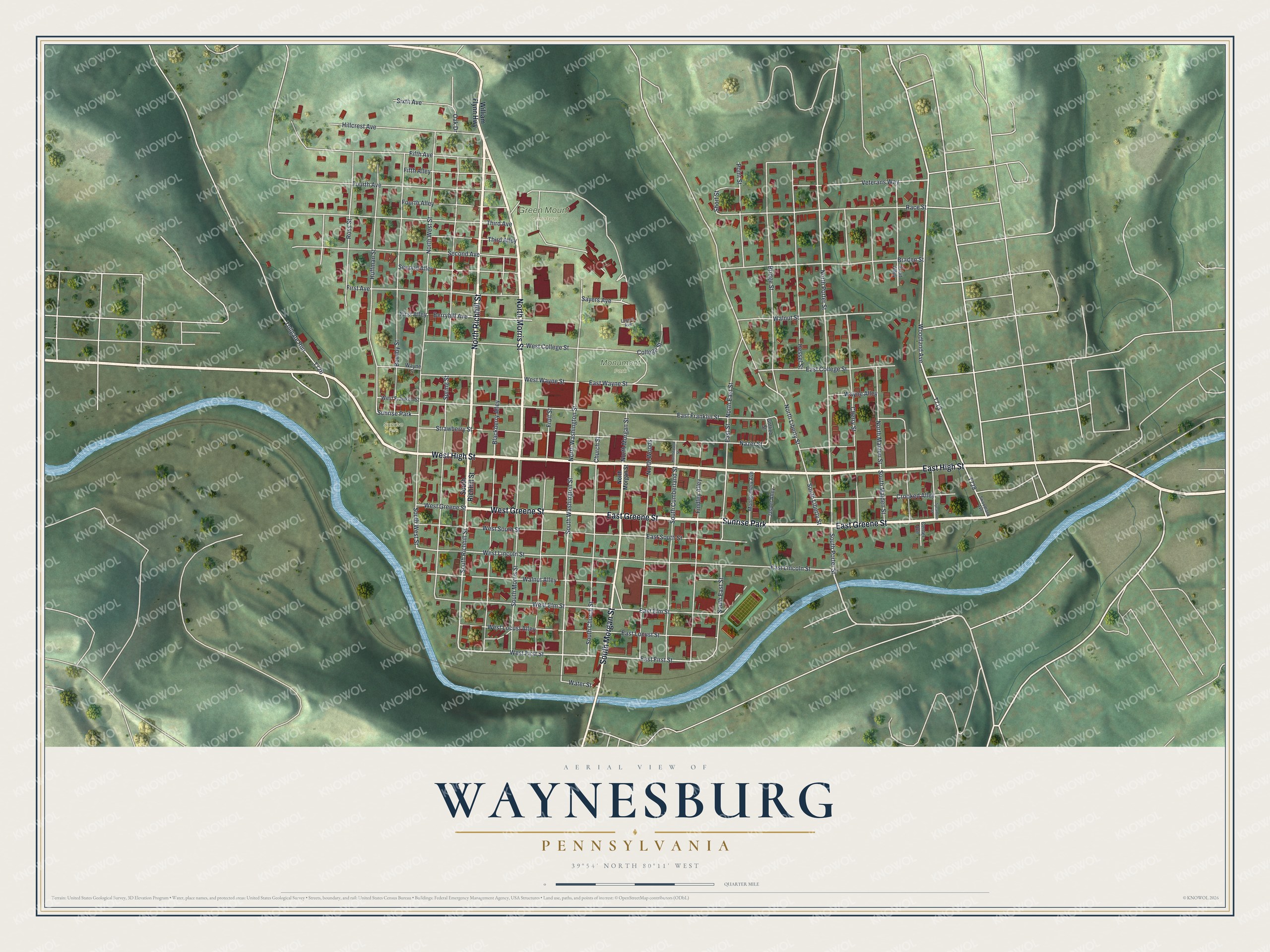 Watermarked full-map preview of Waynesburg, Pennsylvania