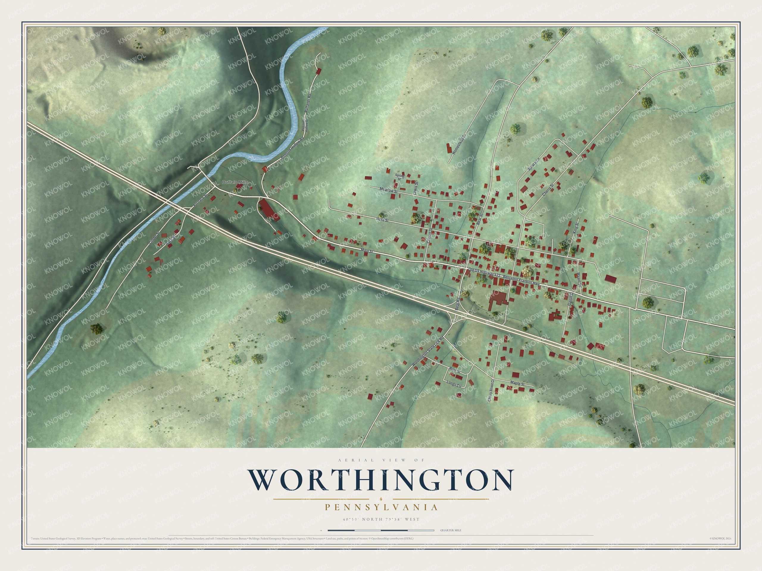 Watermarked full-map preview of Worthington, Pennsylvania