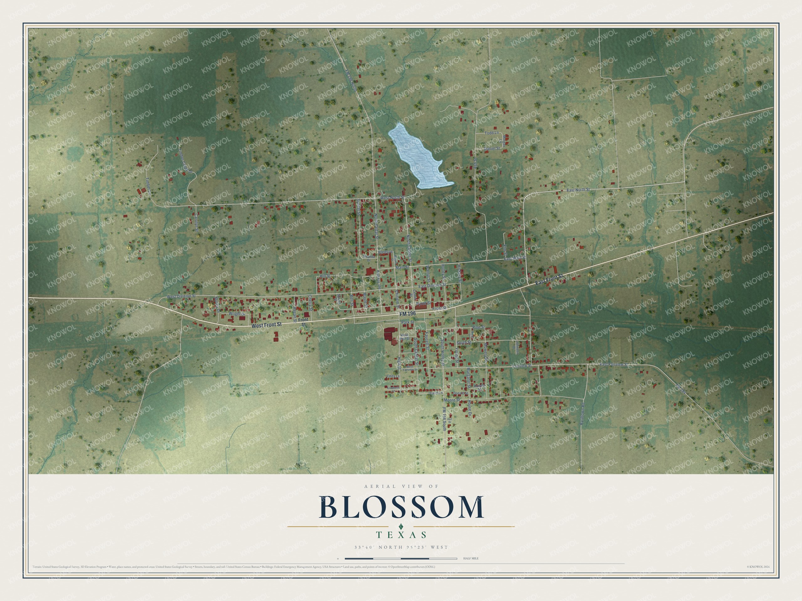 Watermarked full-map preview of Blossom, Texas