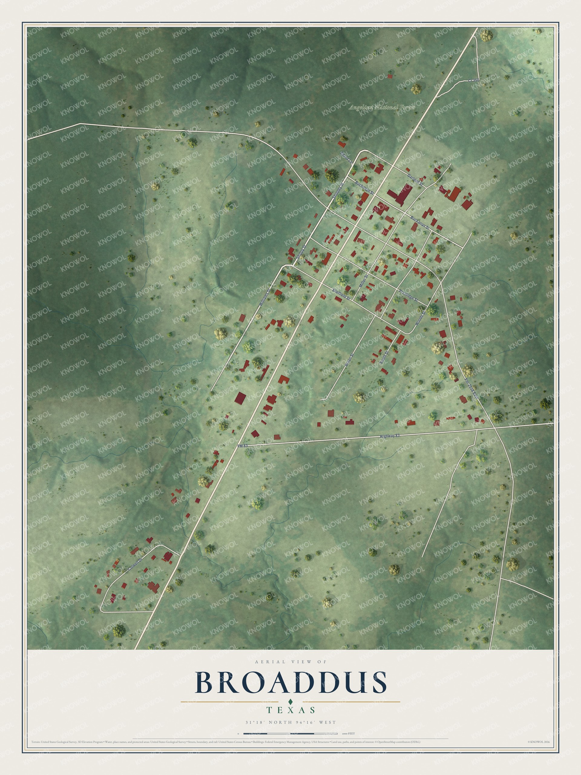 Watermarked full-map preview of Broaddus, Texas