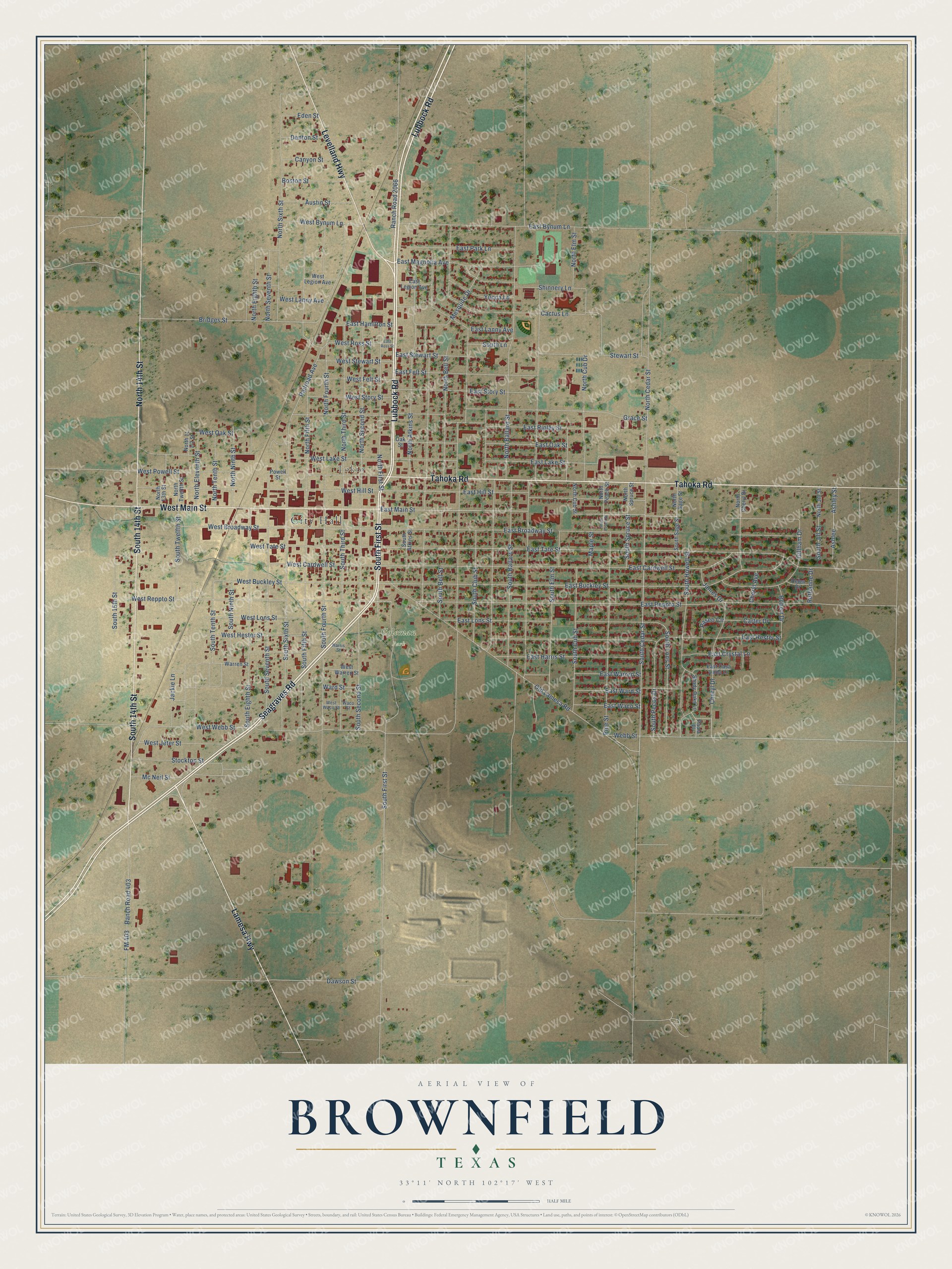 Watermarked full-map preview of Brownfield, Texas