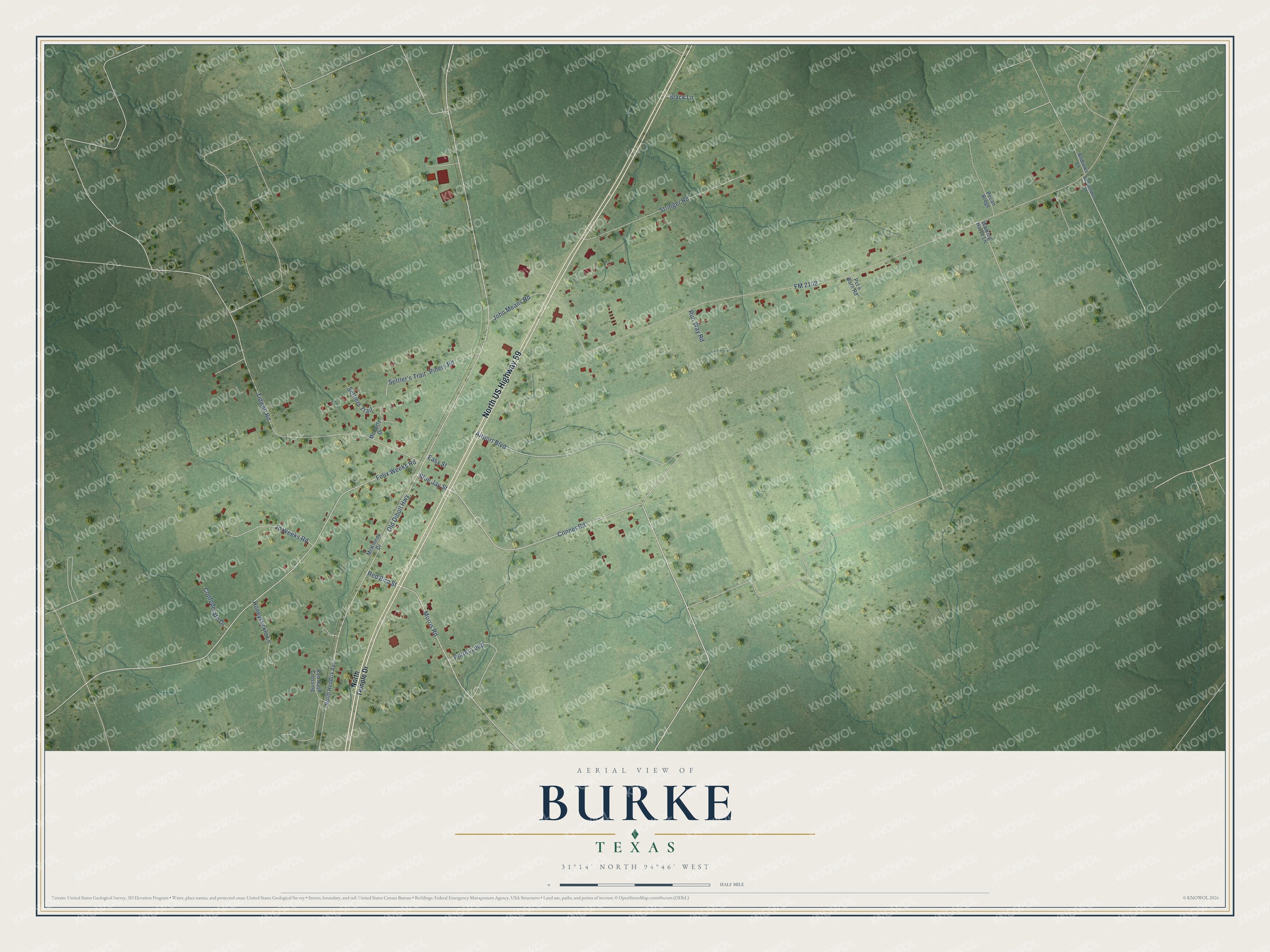 Watermarked full-map preview of Burke, Texas