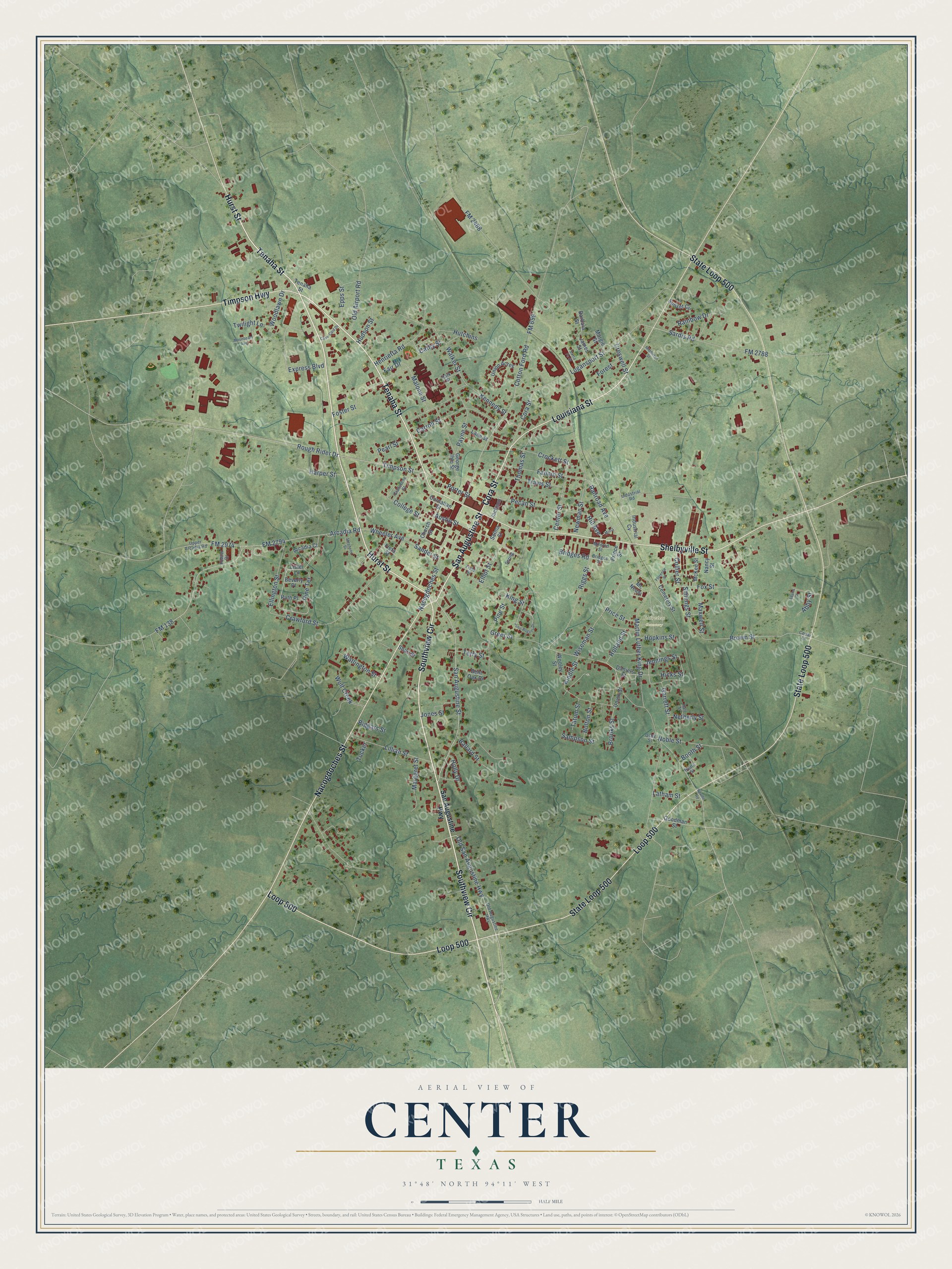 Watermarked full-map preview of Center, Texas