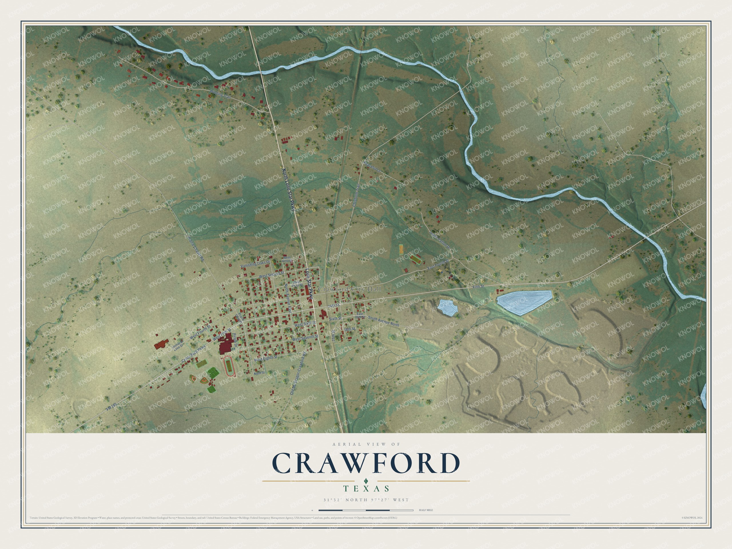 Watermarked full-map preview of Crawford, Texas