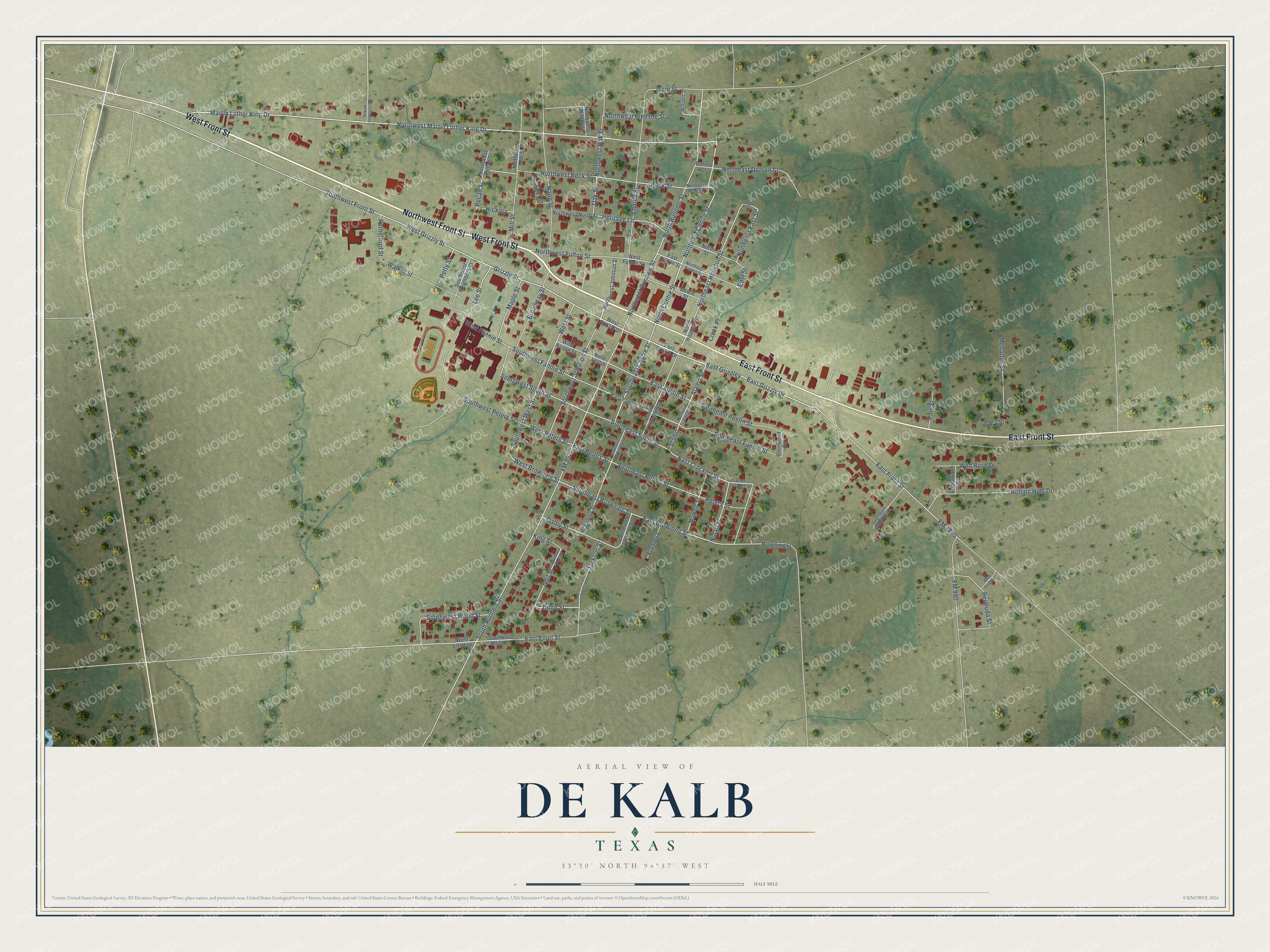 Watermarked full-map preview of De Kalb, Texas
