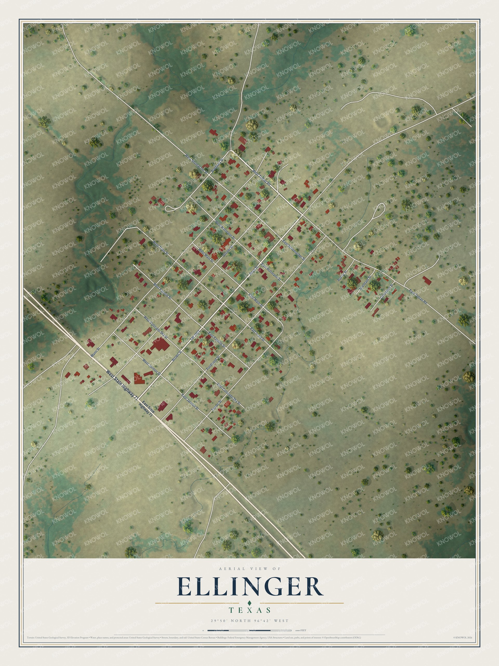 Watermarked full-map preview of Ellinger, Texas