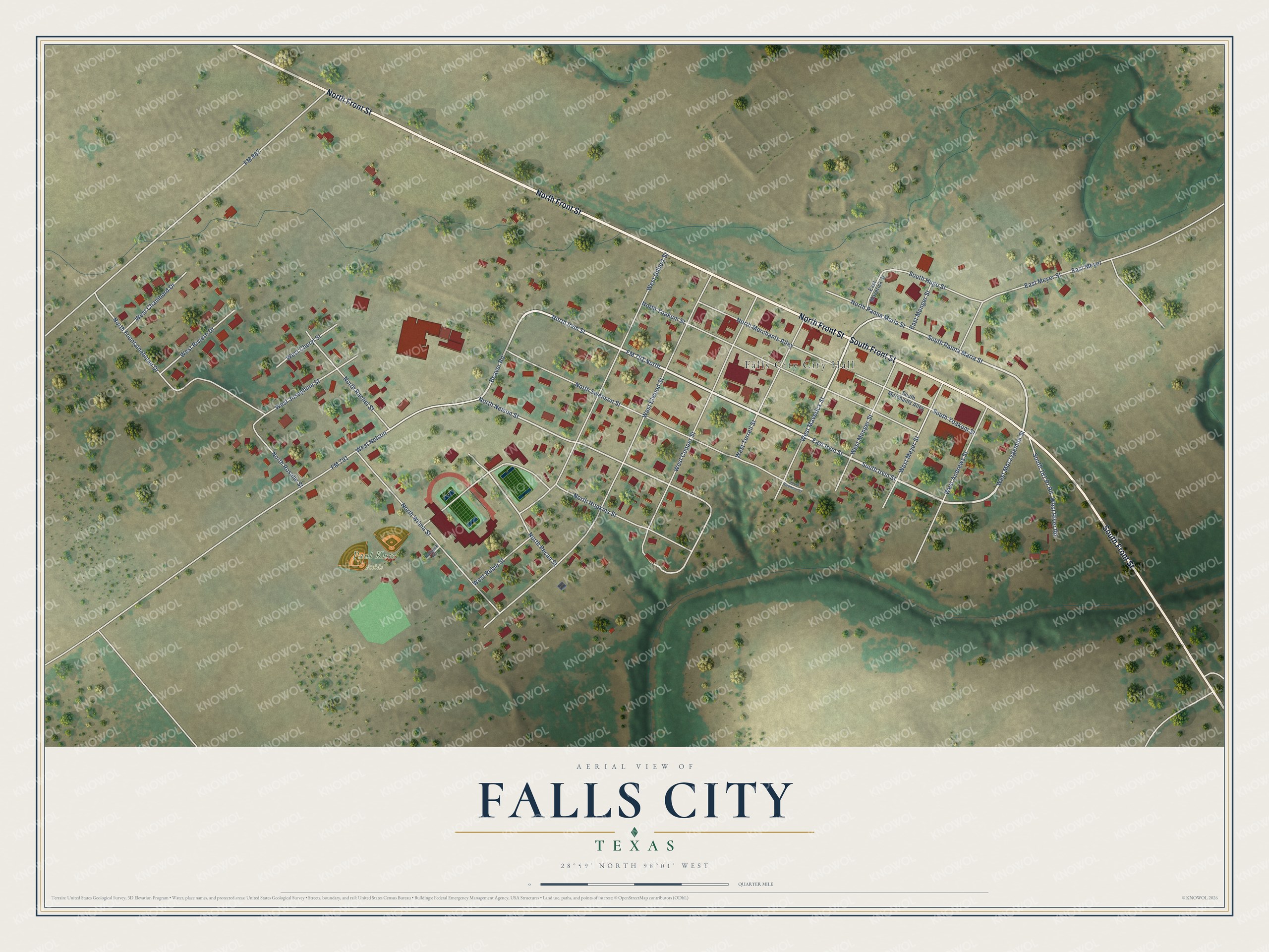 Watermarked full-map preview of Falls City, Texas