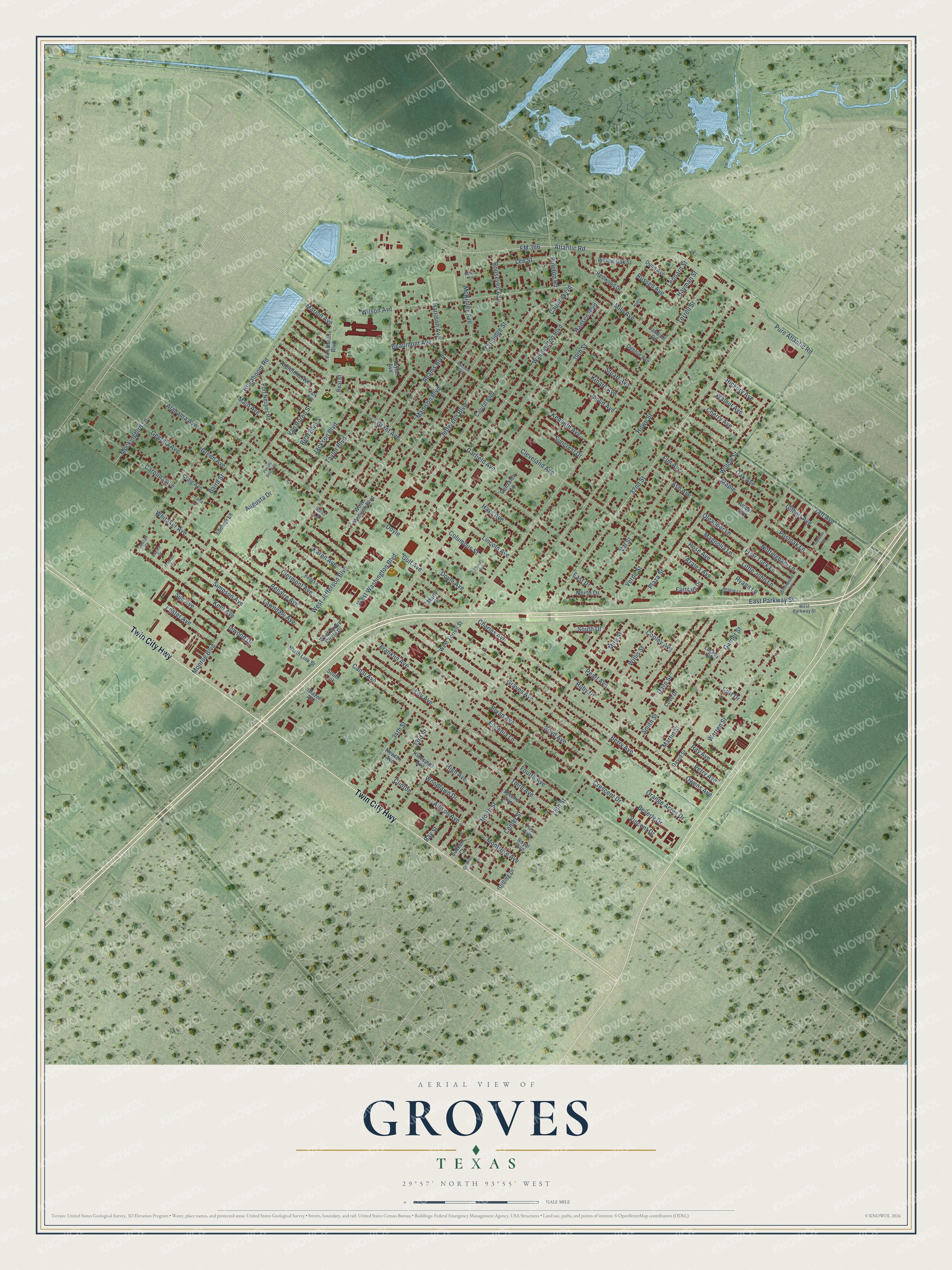 Watermarked full-map preview of Groves, Texas