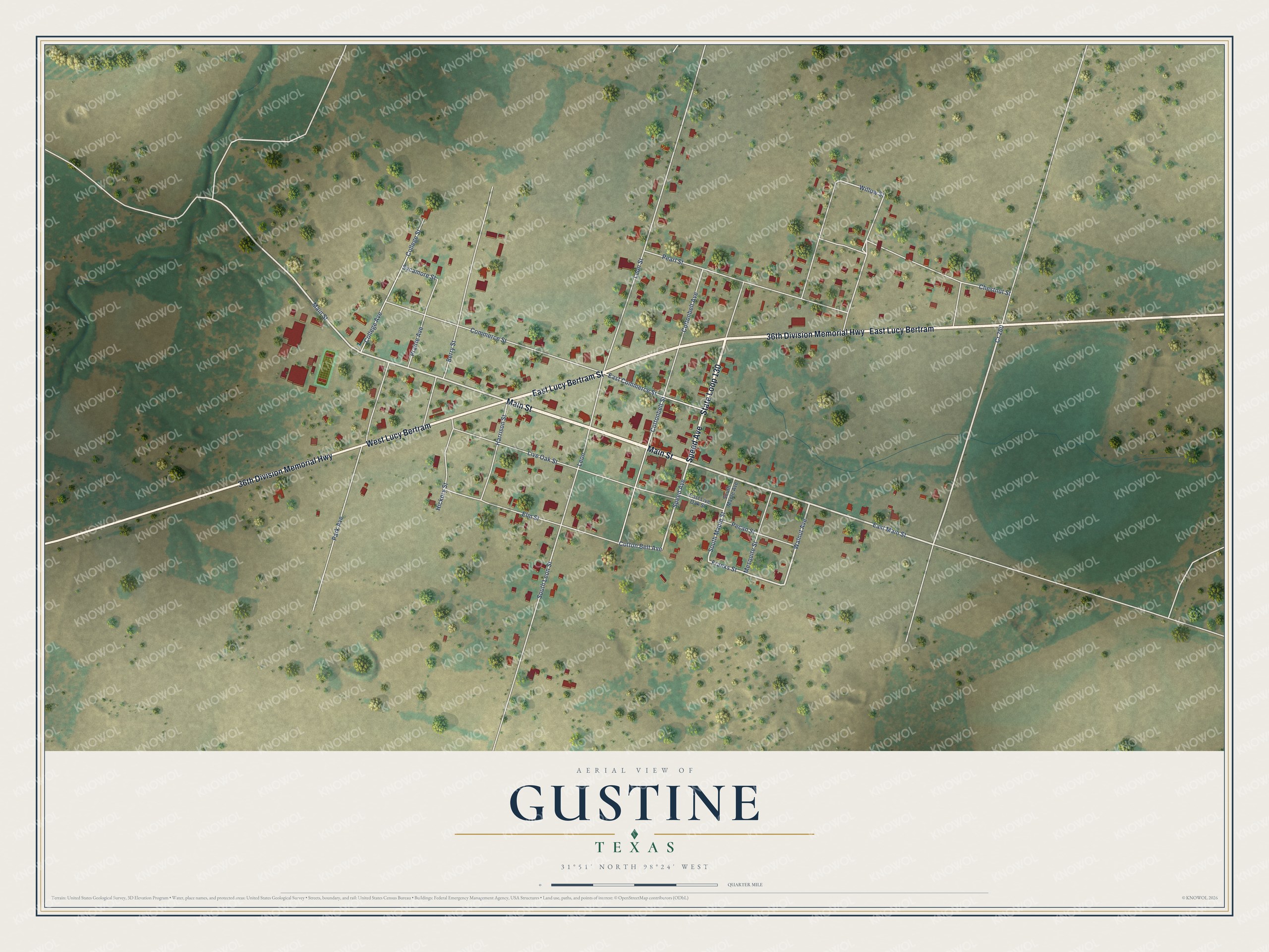 Watermarked full-map preview of Gustine, Texas
