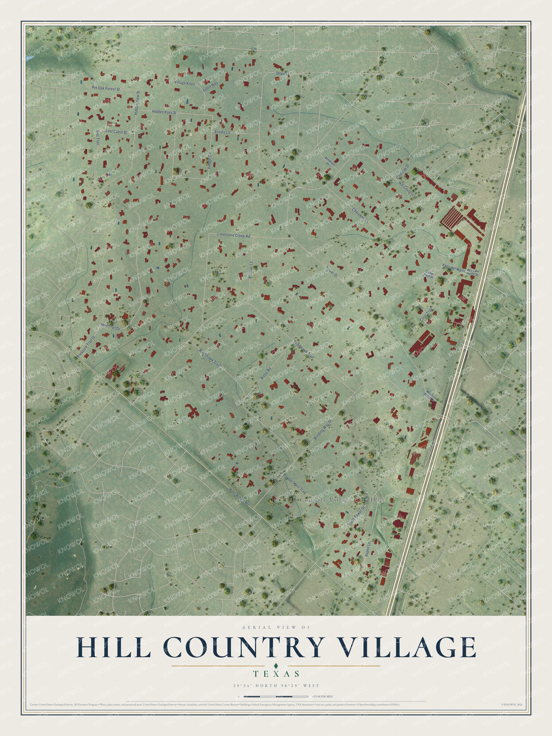 Watermarked full-map preview of Hill Country Village, Texas