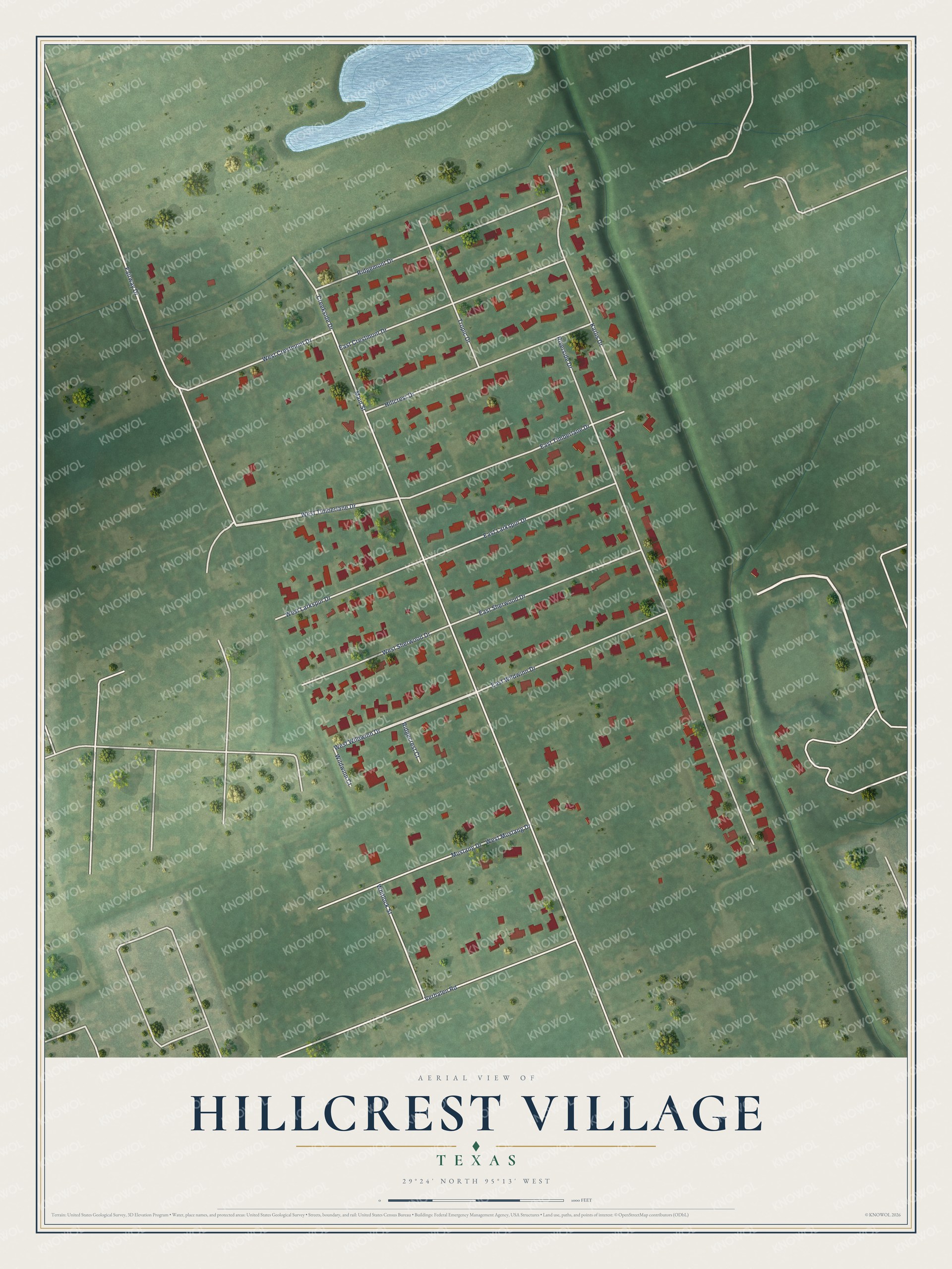 Watermarked full-map preview of Hillcrest Village, Texas