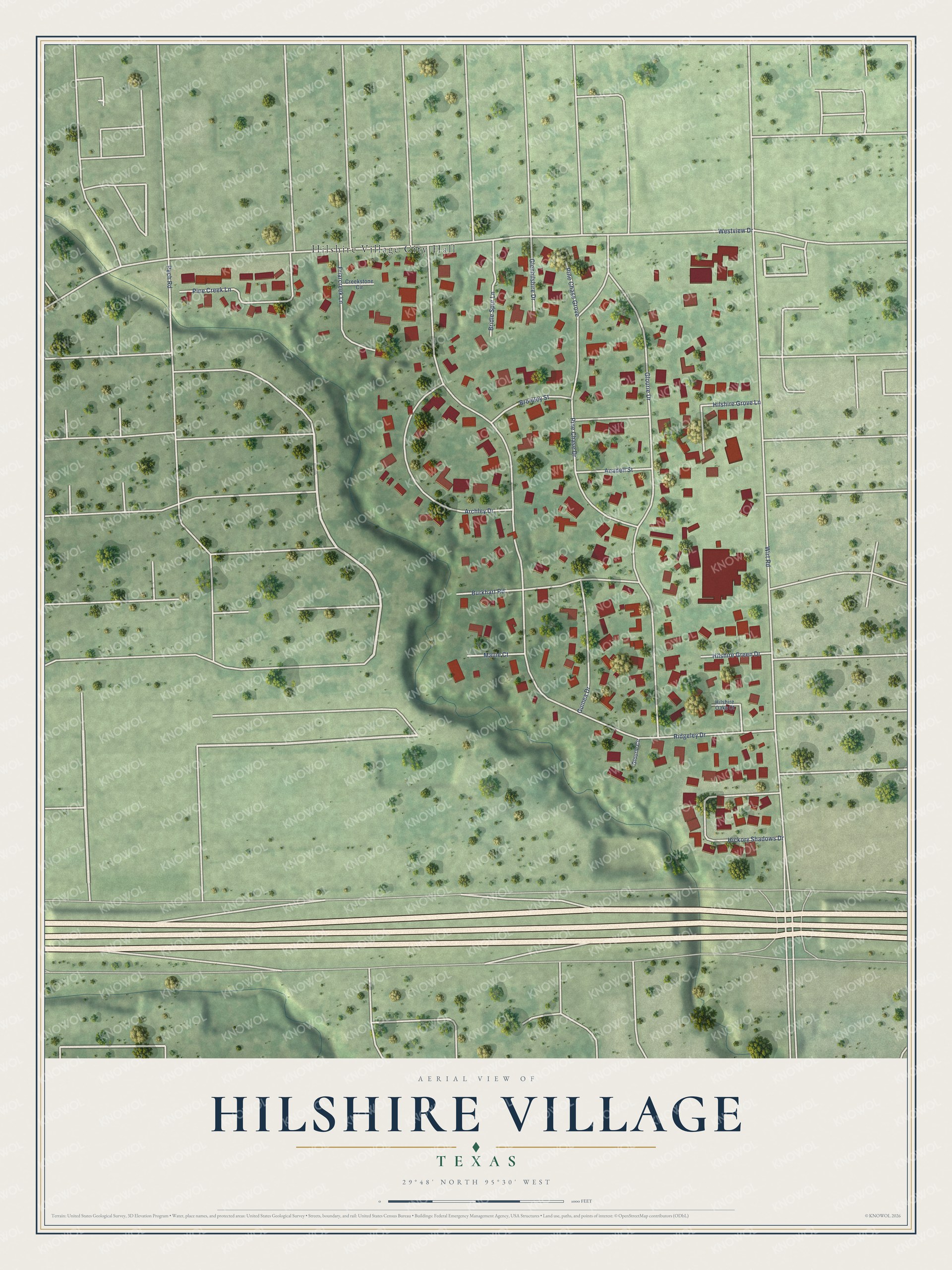 Watermarked full-map preview of Hilshire Village, Texas