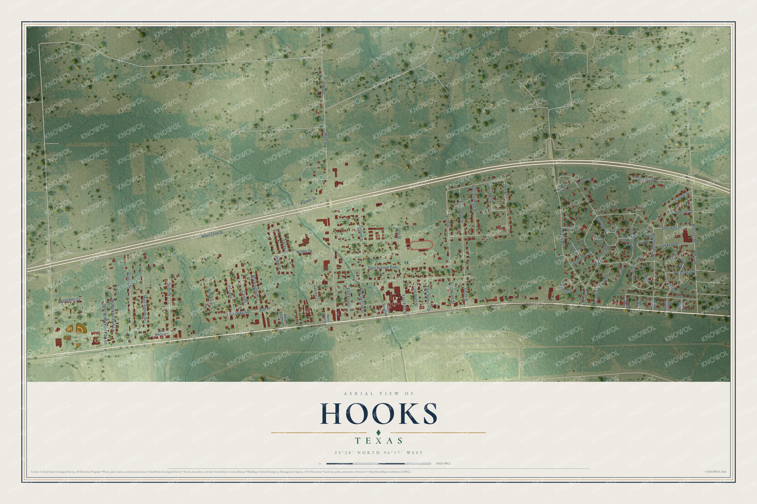 Watermarked full-map preview of Hooks, Texas