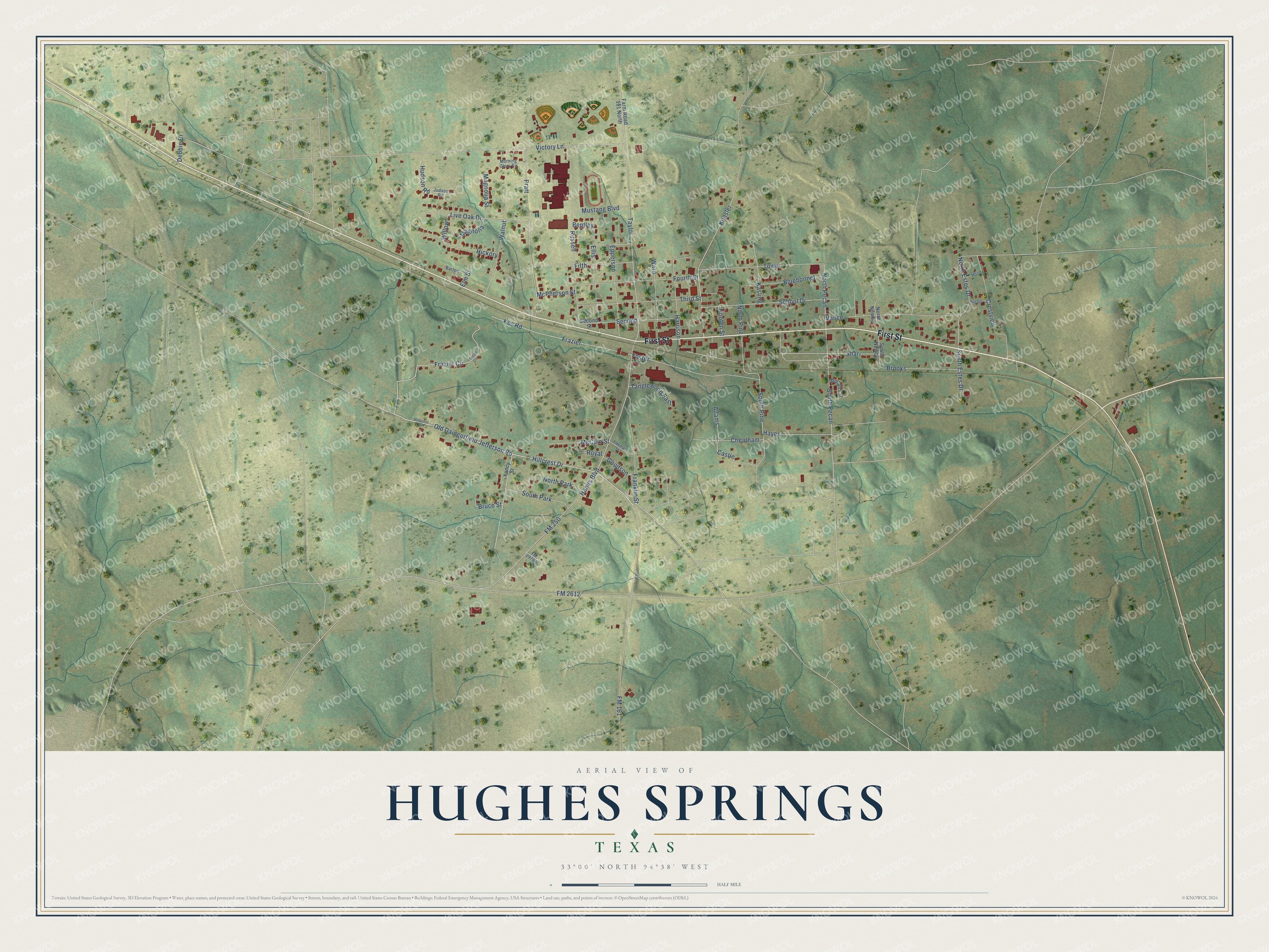 Watermarked full-map preview of Hughes Springs, Texas