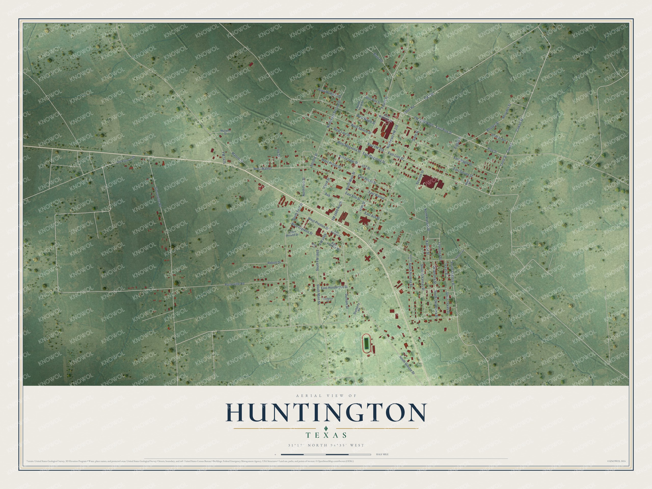 Watermarked full-map preview of Huntington, Texas