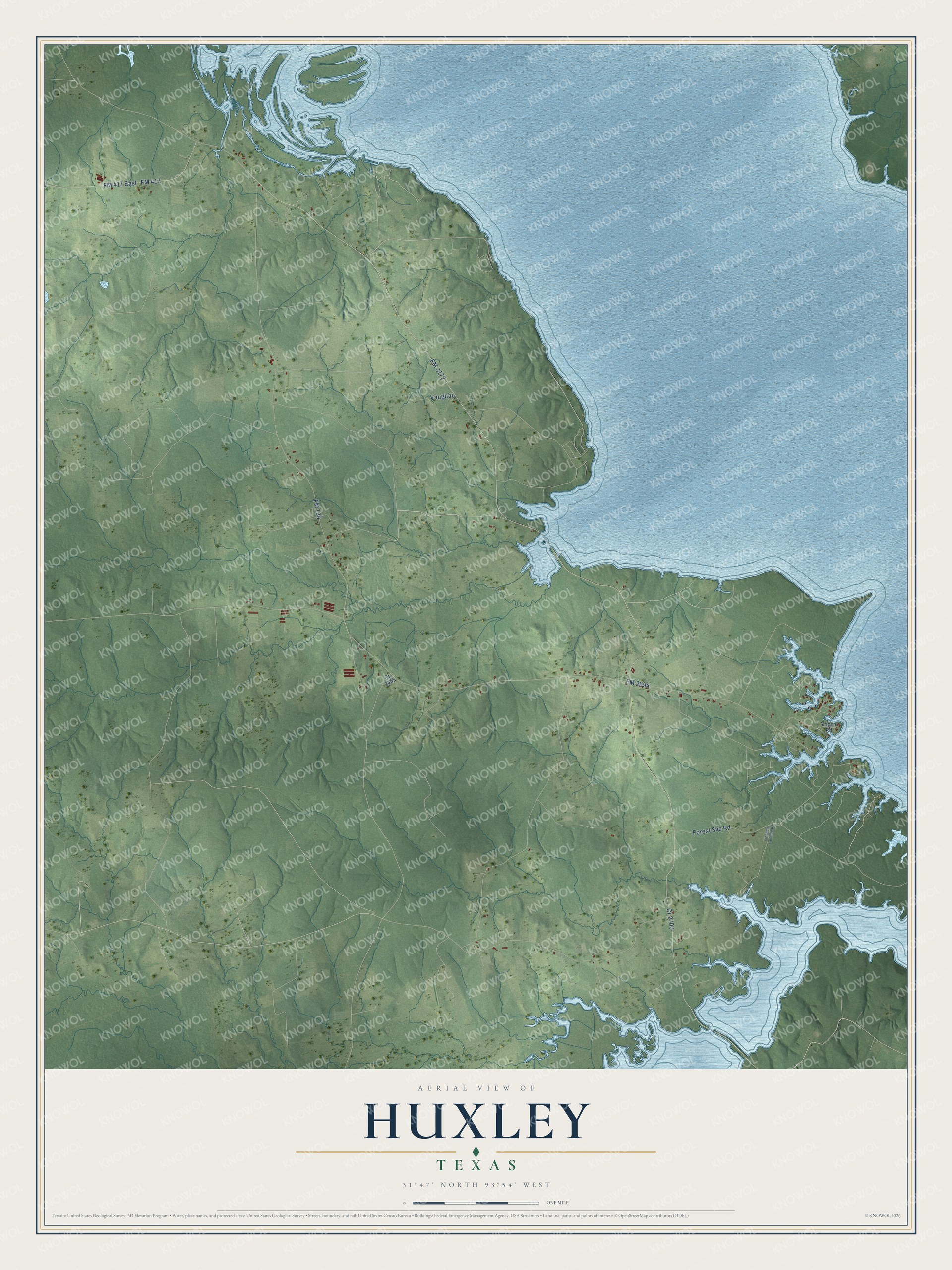 Watermarked full-map preview of Huxley, Texas