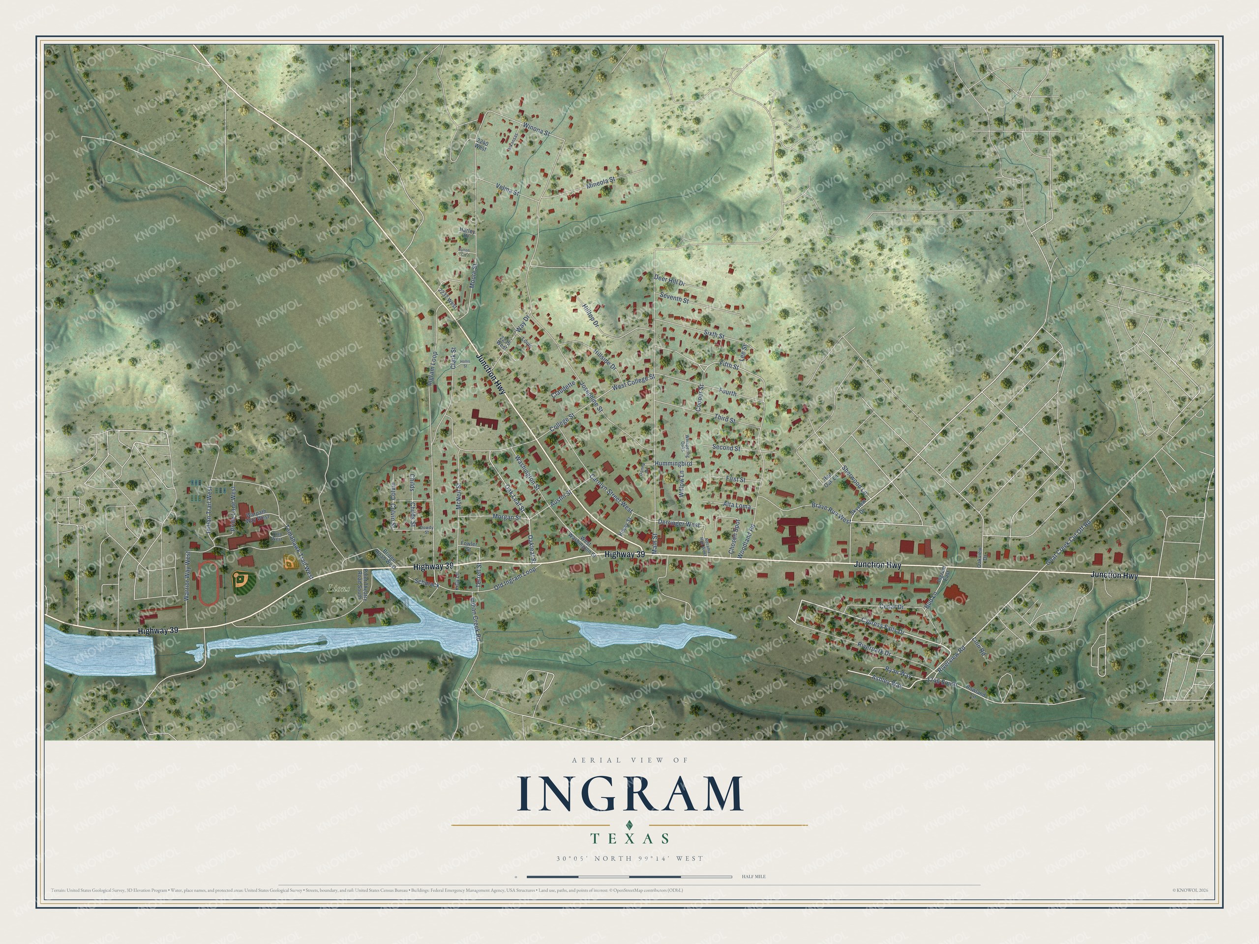 Watermarked full-map preview of Ingram, Texas