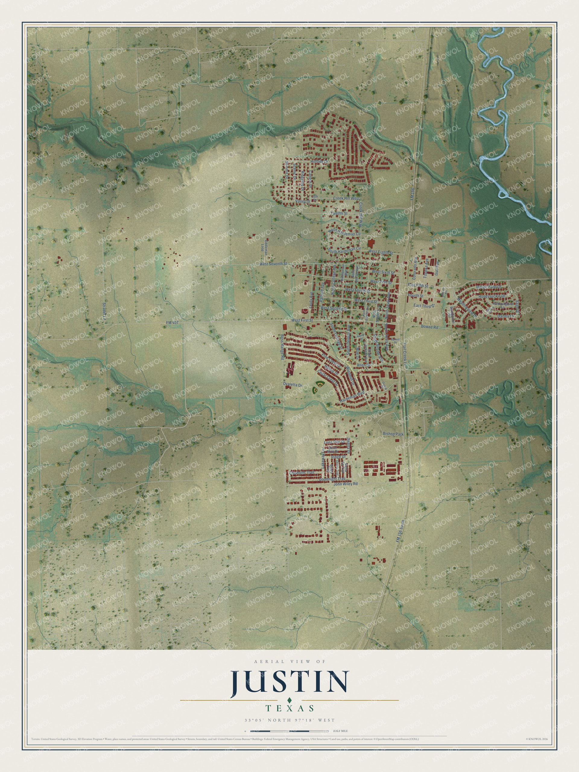Watermarked full-map preview of Justin, Texas