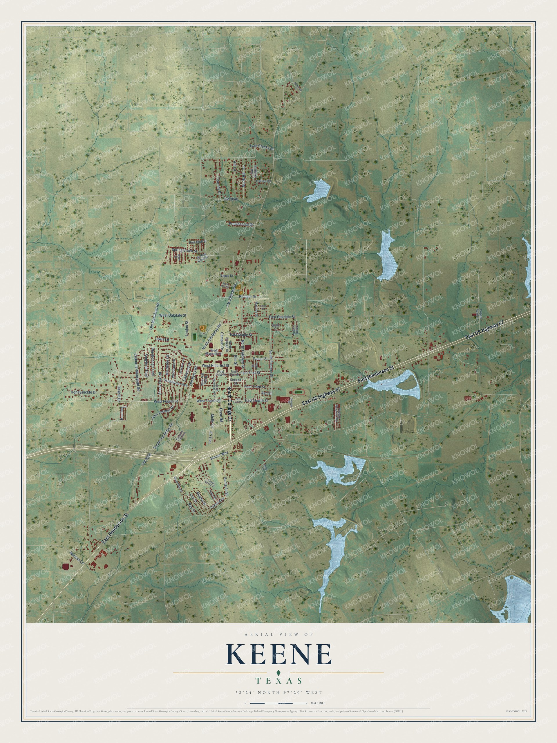 Watermarked full-map preview of Keene, Texas