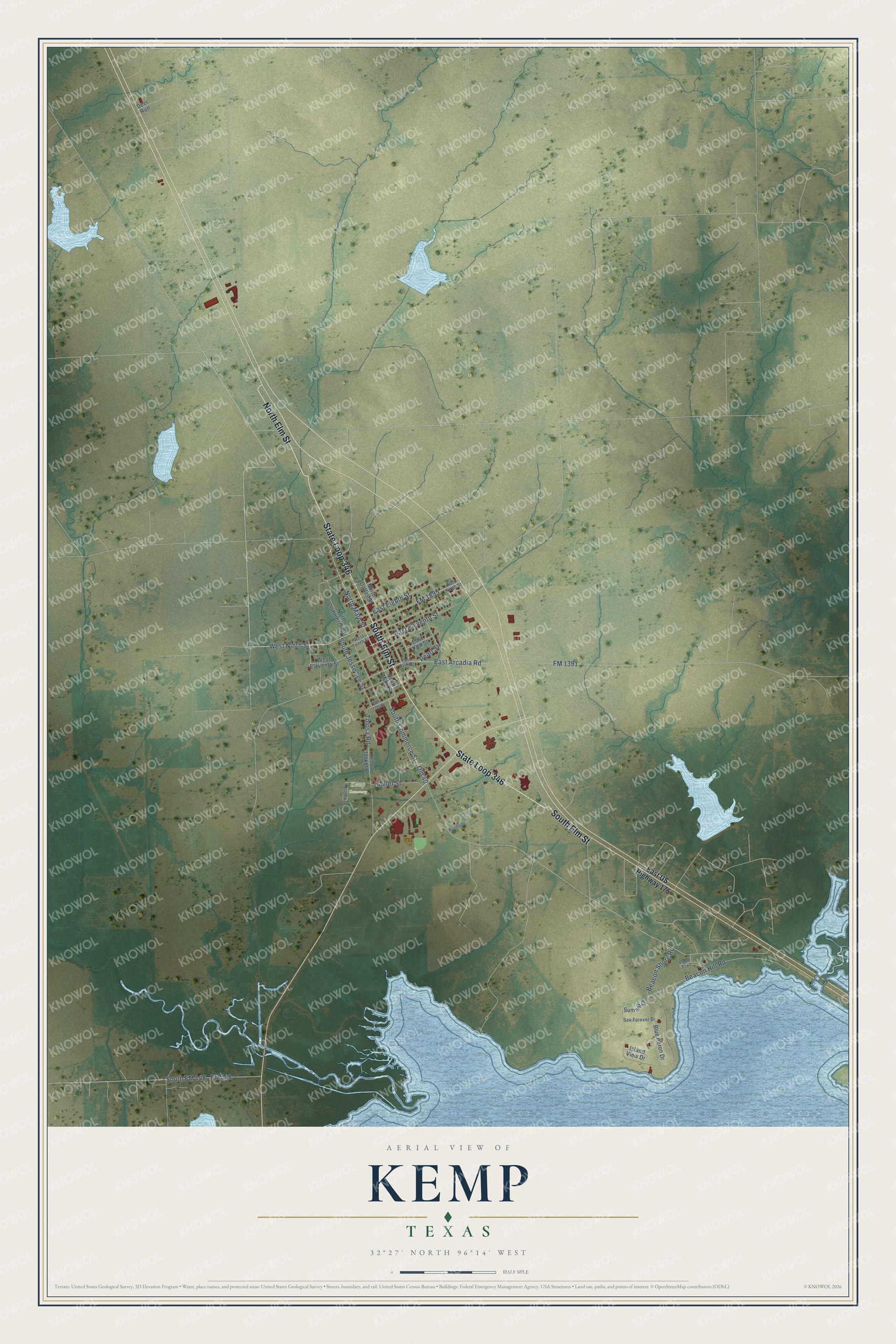 Watermarked full-map preview of Kemp, Texas