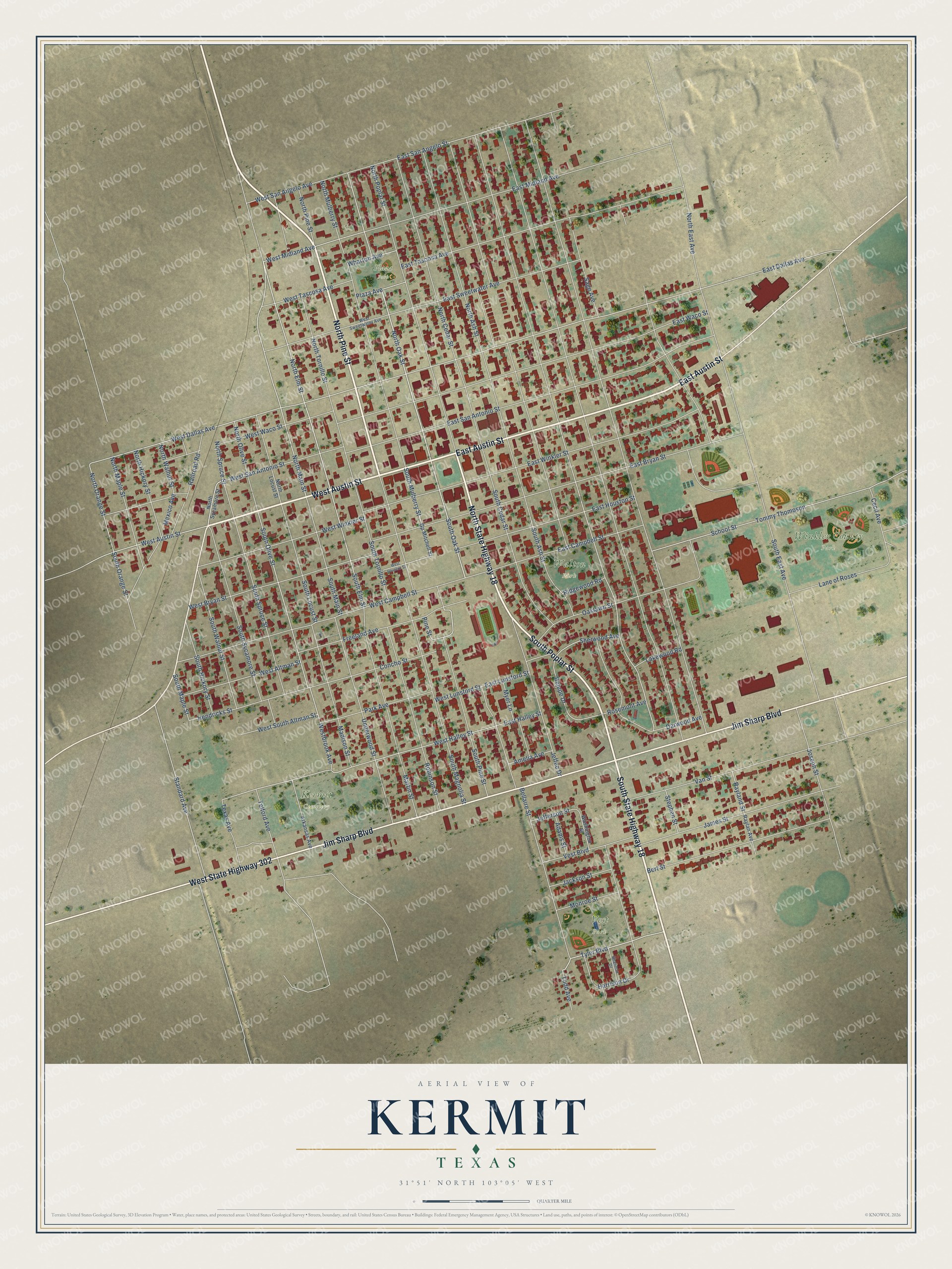 Watermarked full-map preview of Kermit, Texas