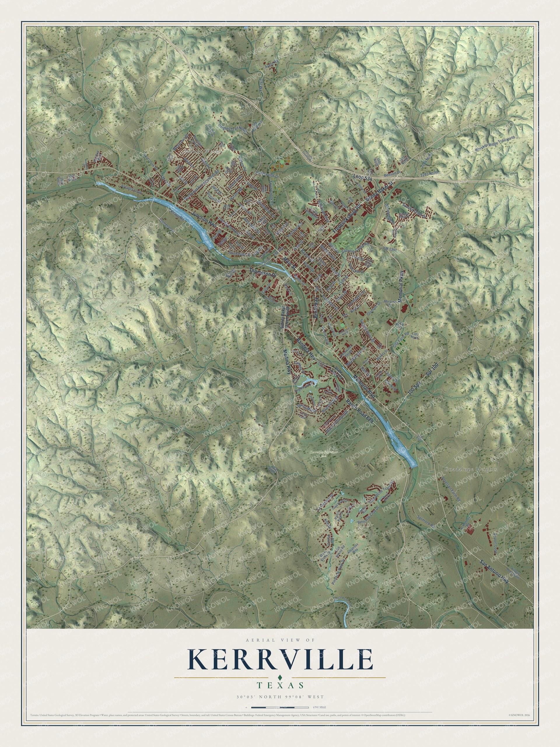 Watermarked full-map preview of Kerrville, Texas