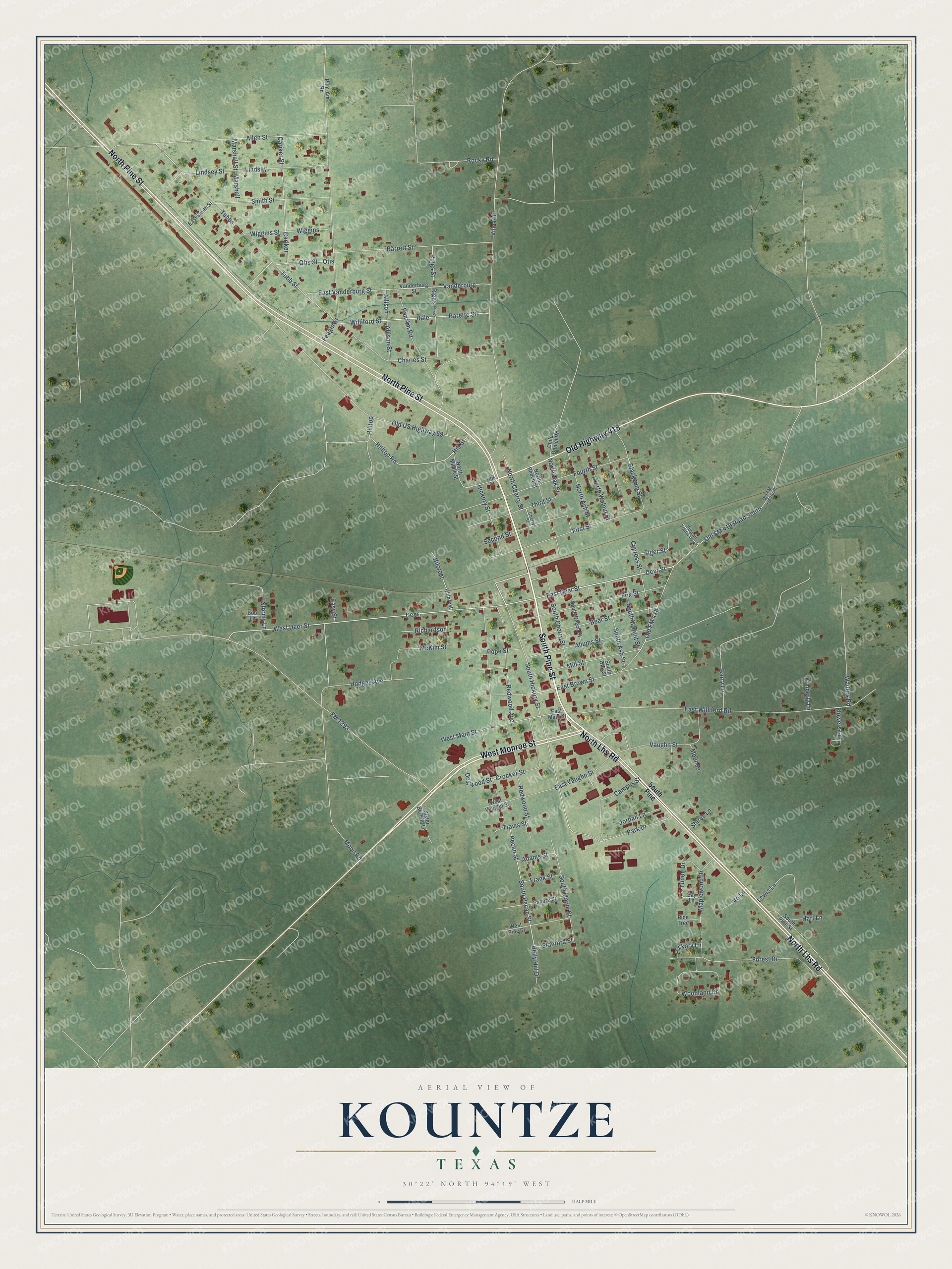 Watermarked full-map preview of Kountze, Texas