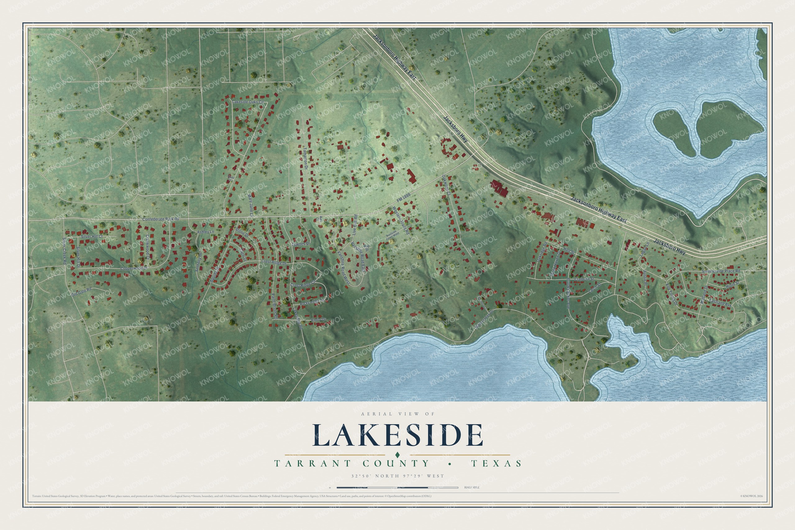 Watermarked full-map preview of Lakeside, Texas