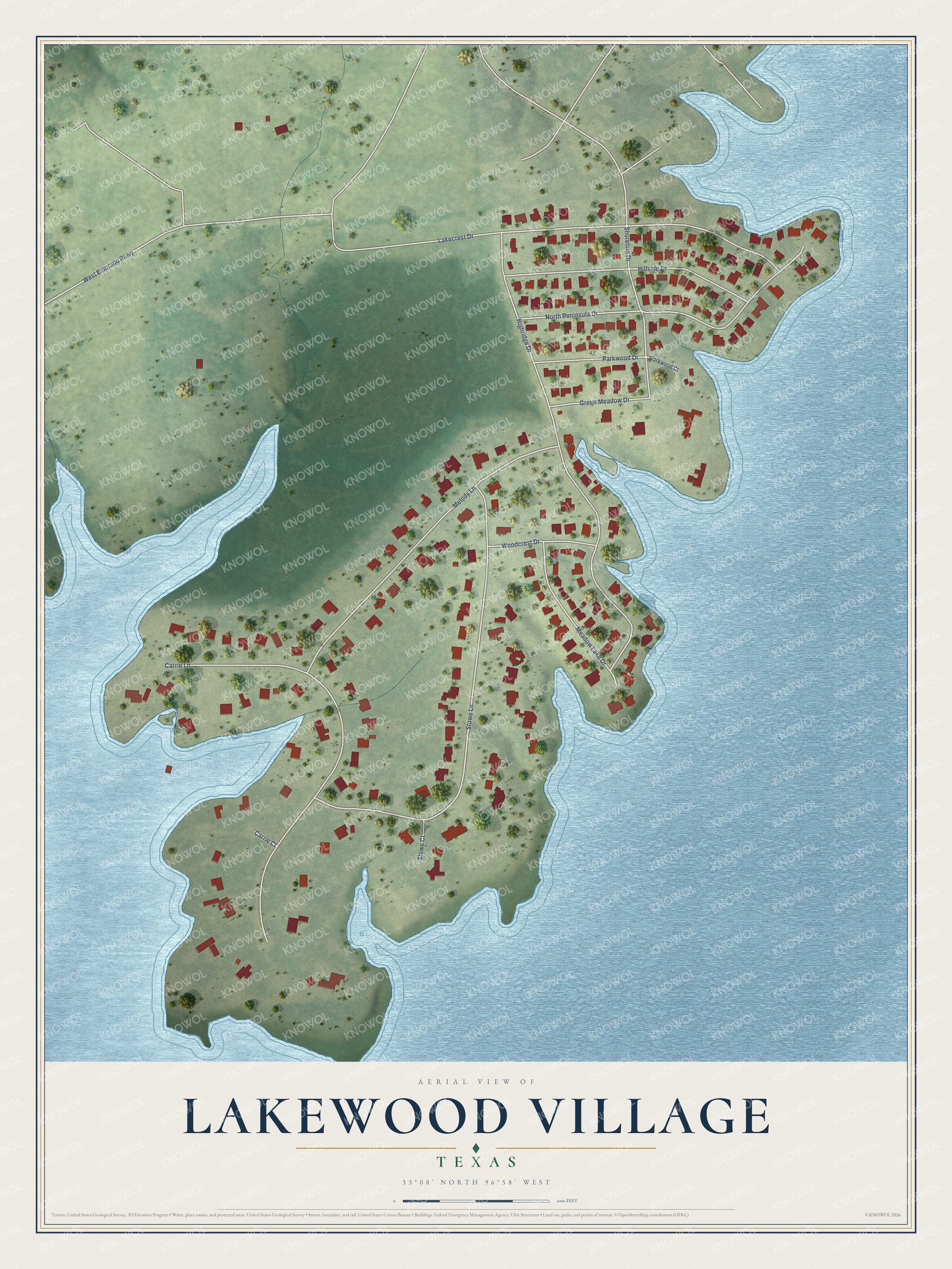 Watermarked full-map preview of Lakewood Village, Texas