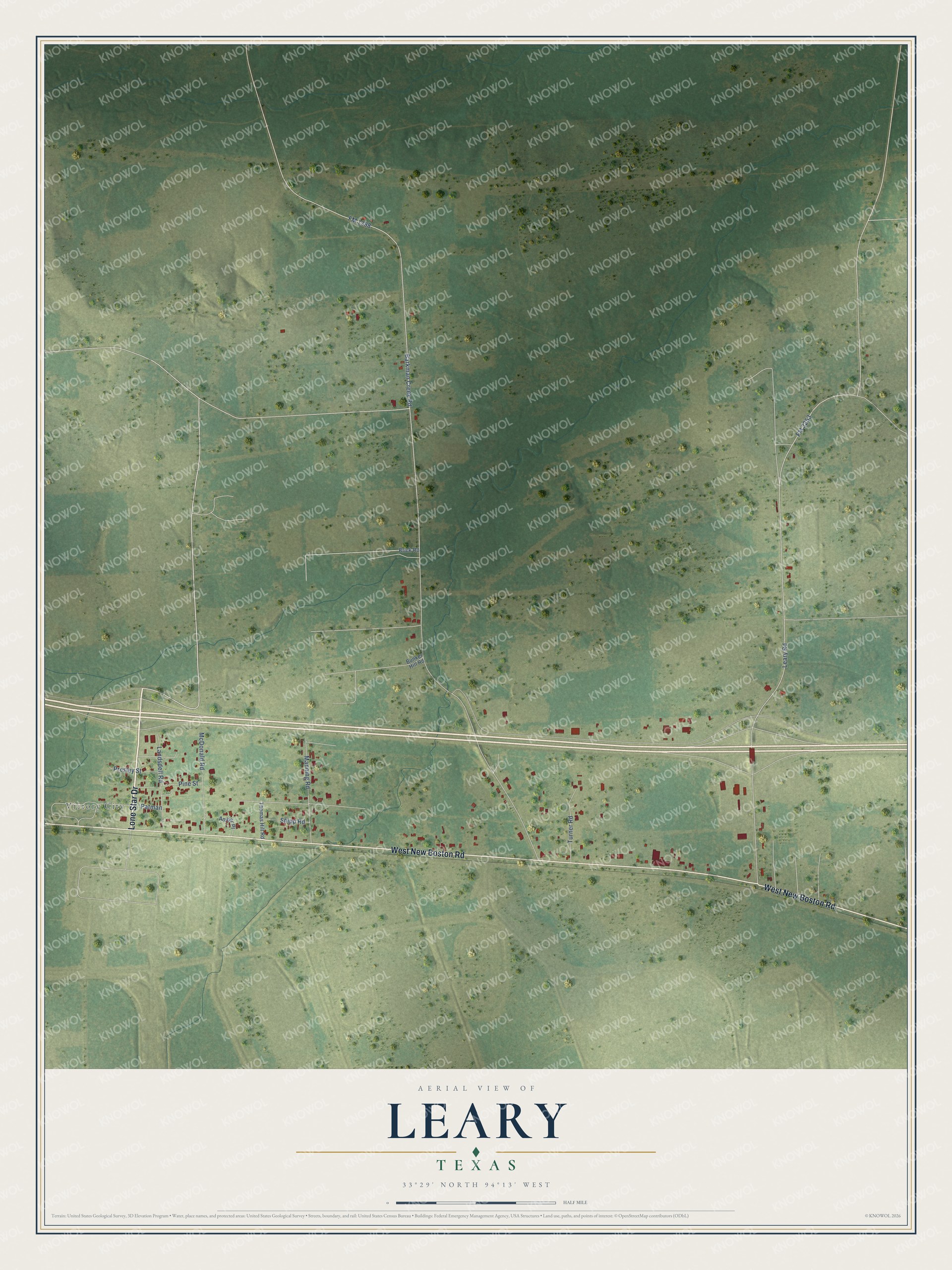 Watermarked full-map preview of Leary, Texas
