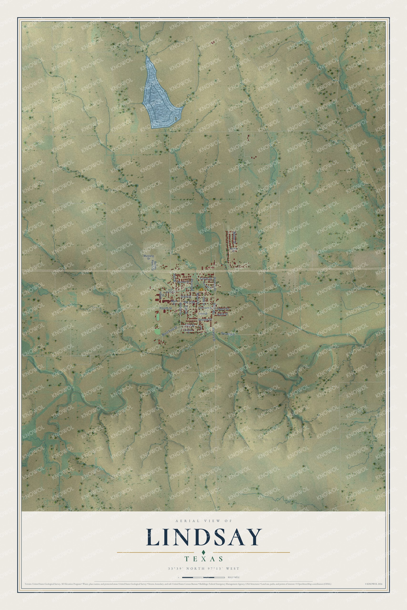 Watermarked full-map preview of Lindsay, Texas