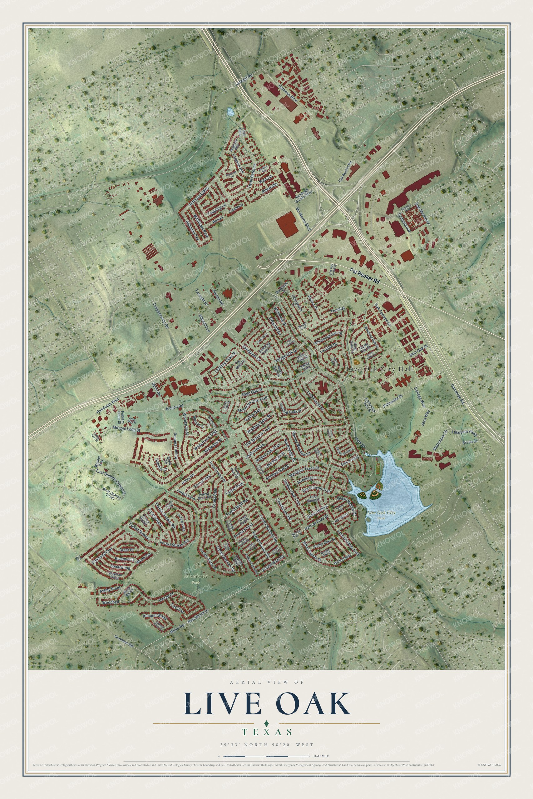 Watermarked full-map preview of Live Oak, Texas