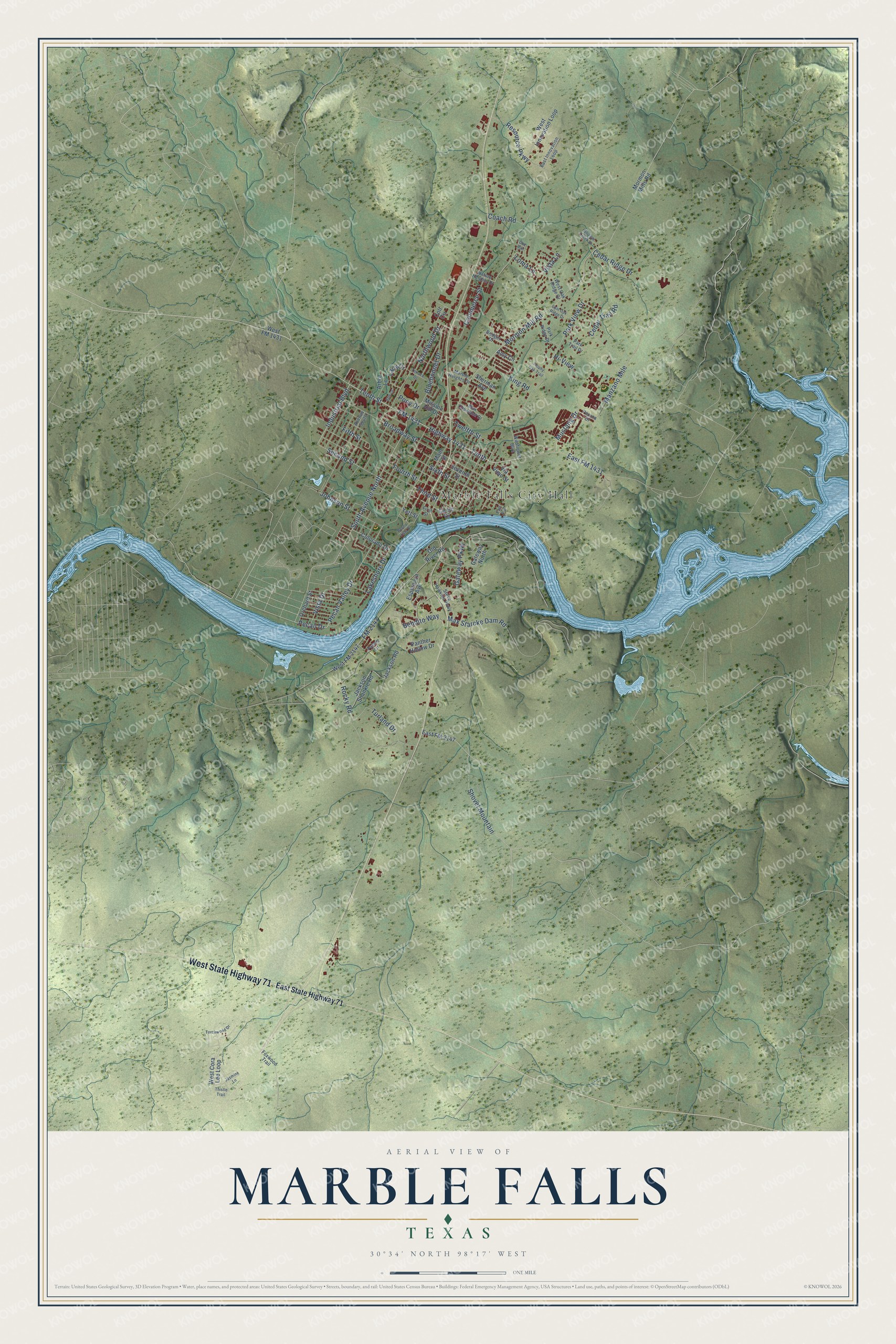 Watermarked full-map preview of Marble Falls, Texas