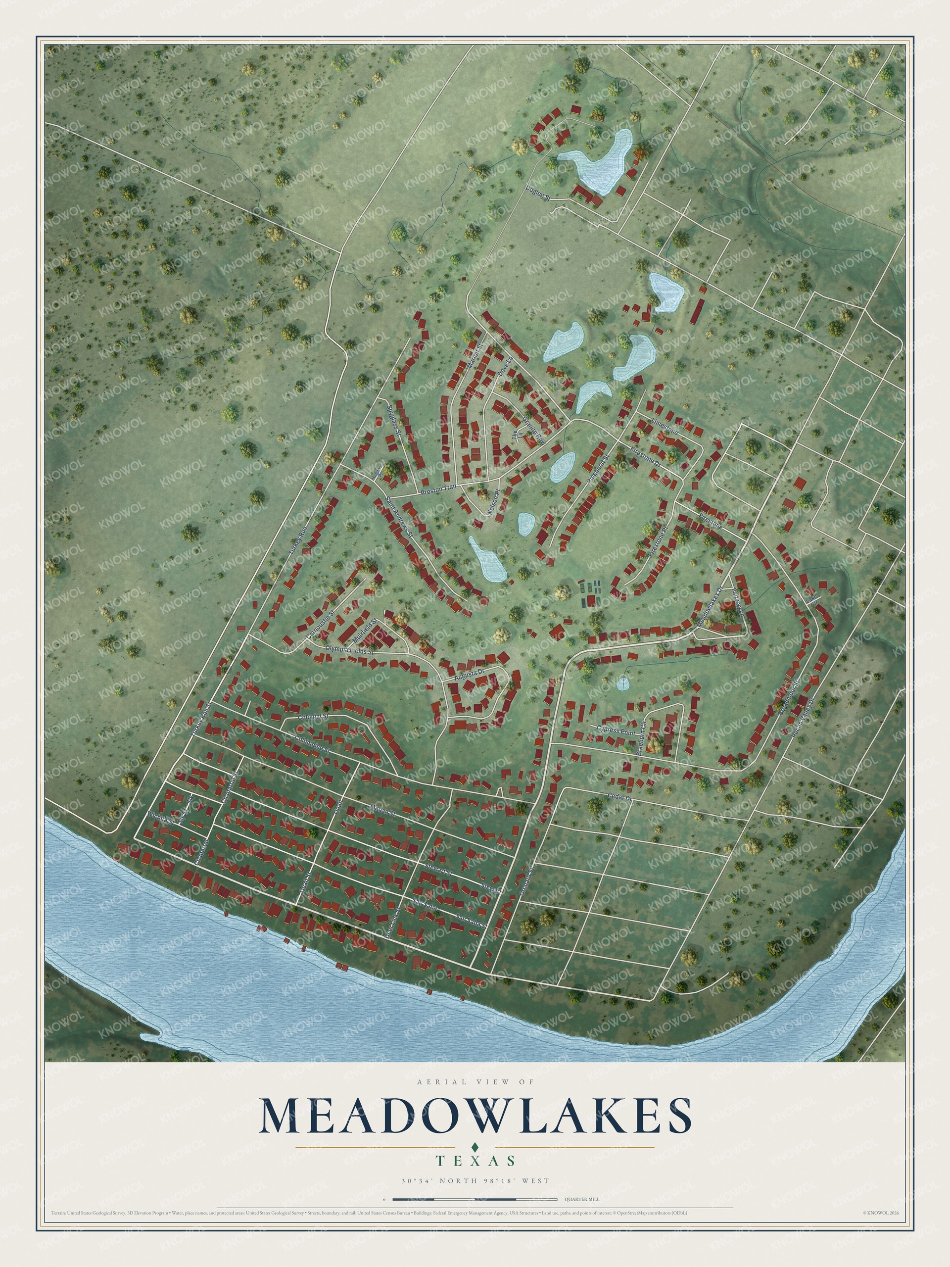 Watermarked full-map preview of Meadowlakes, Texas