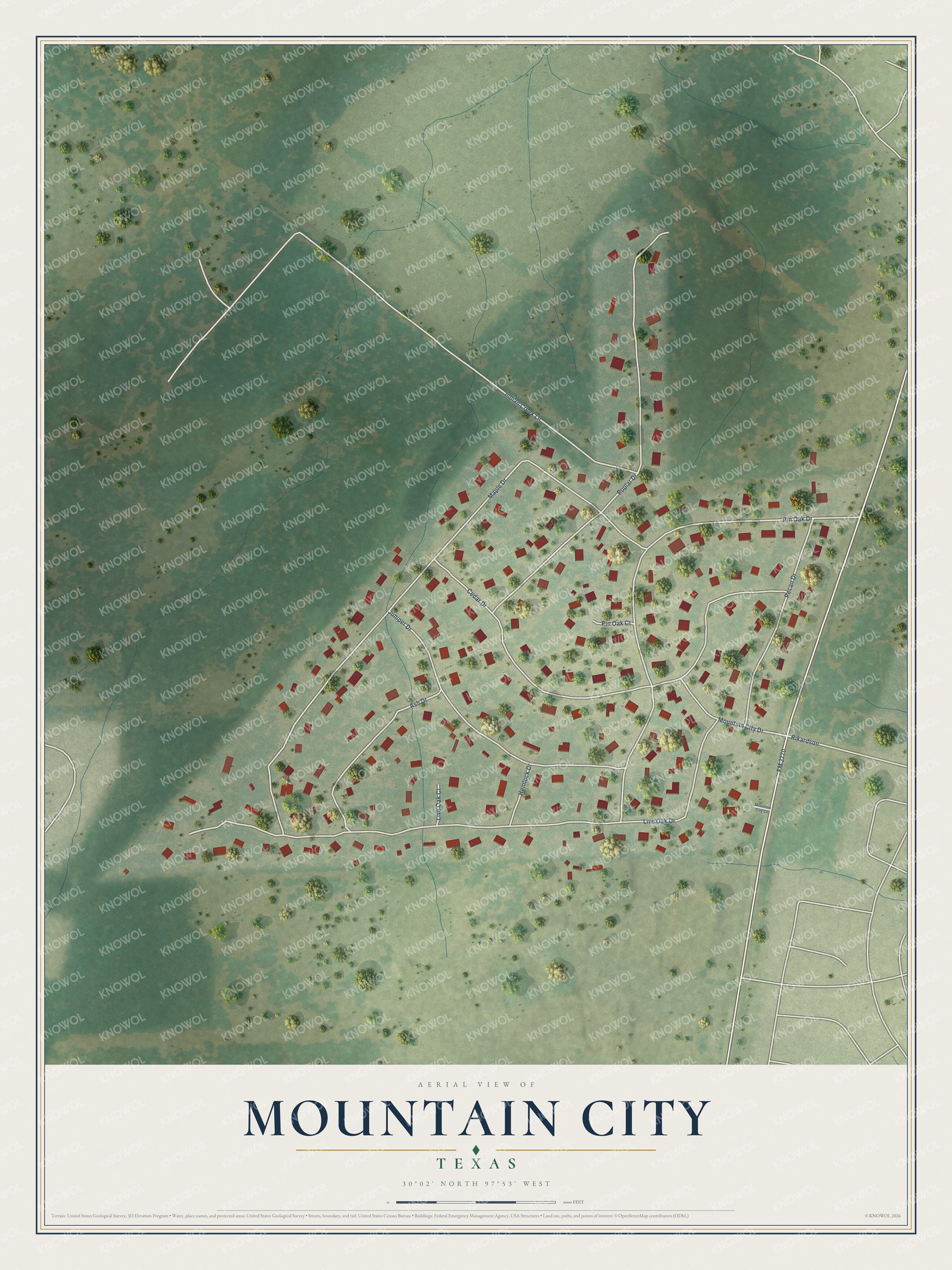 Watermarked full-map preview of Mountain City, Texas
