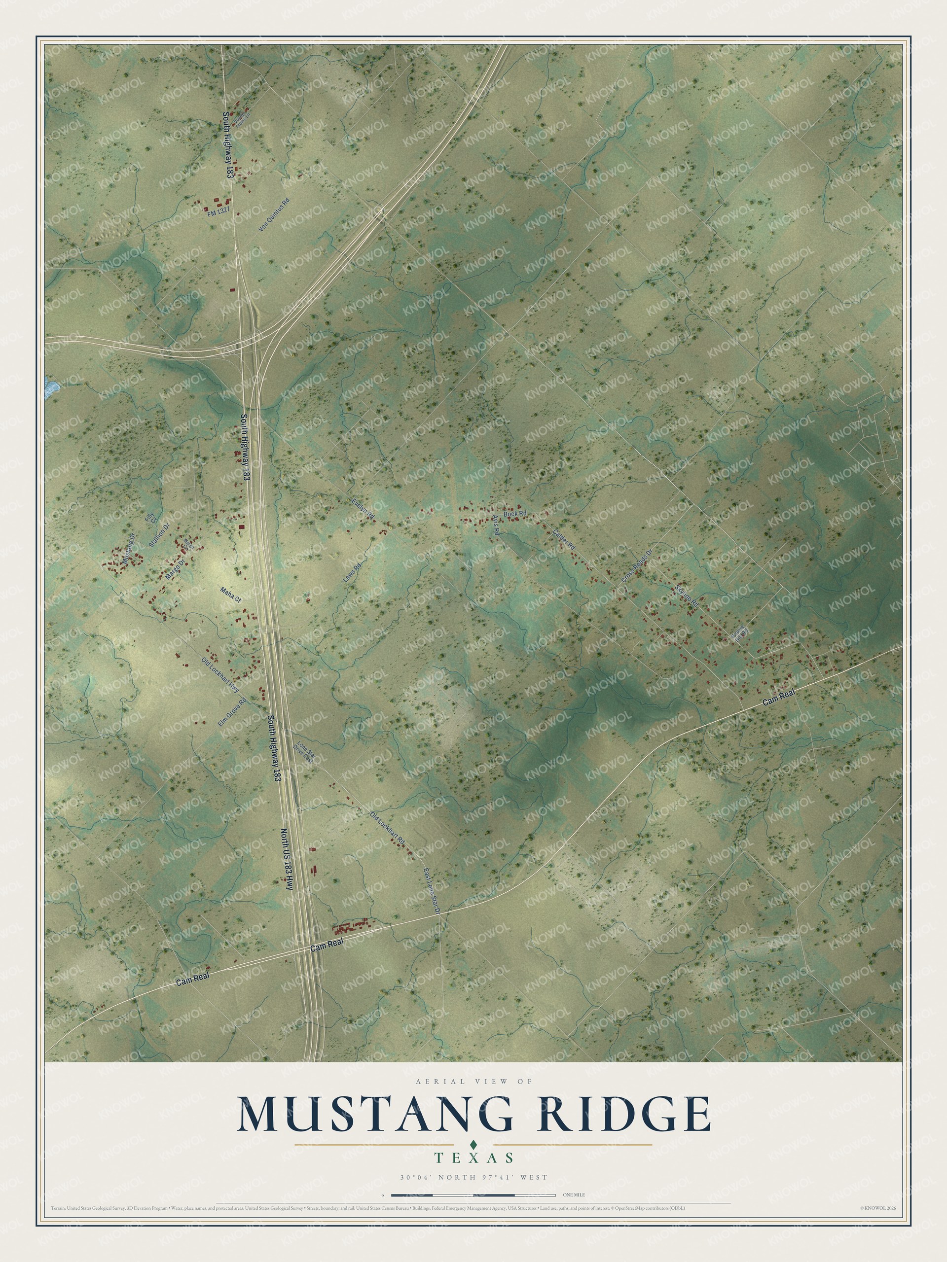 Watermarked full-map preview of Mustang Ridge, Texas
