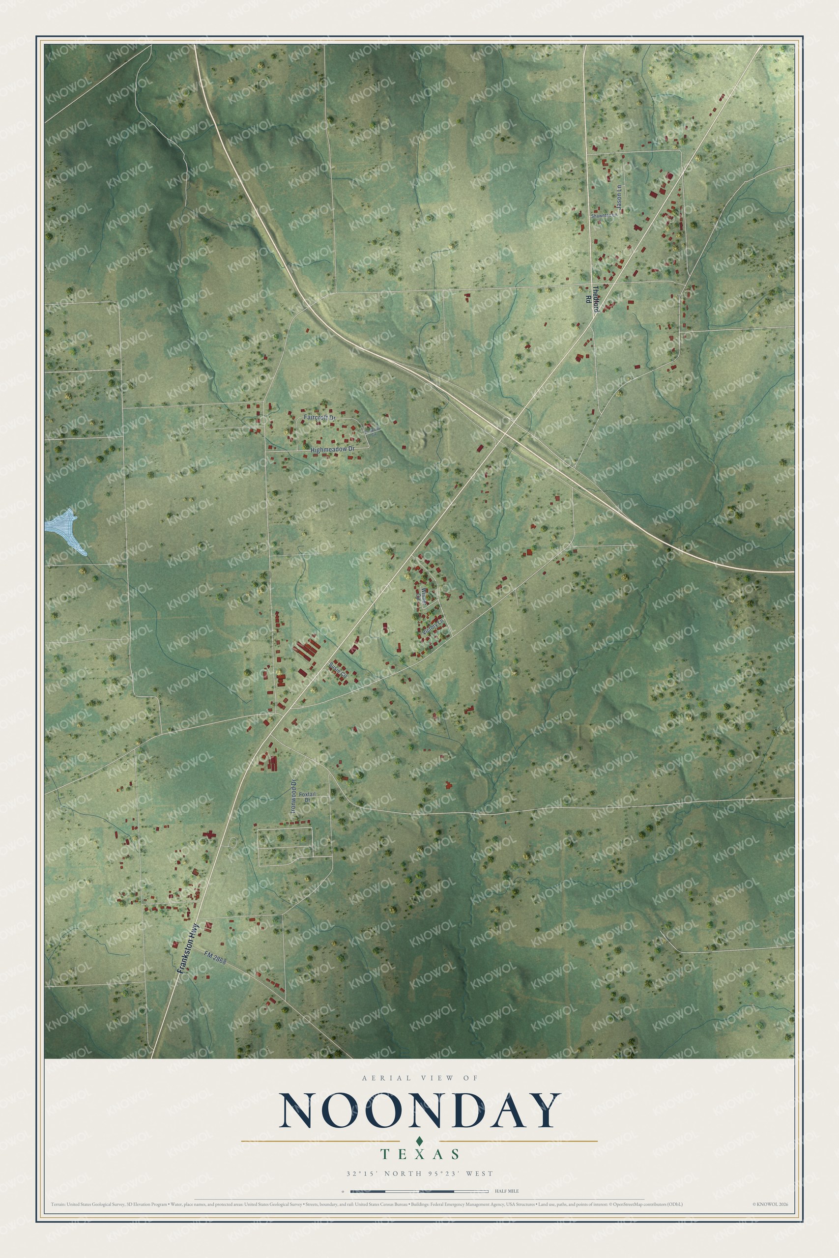 Watermarked full-map preview of Noonday, Texas
