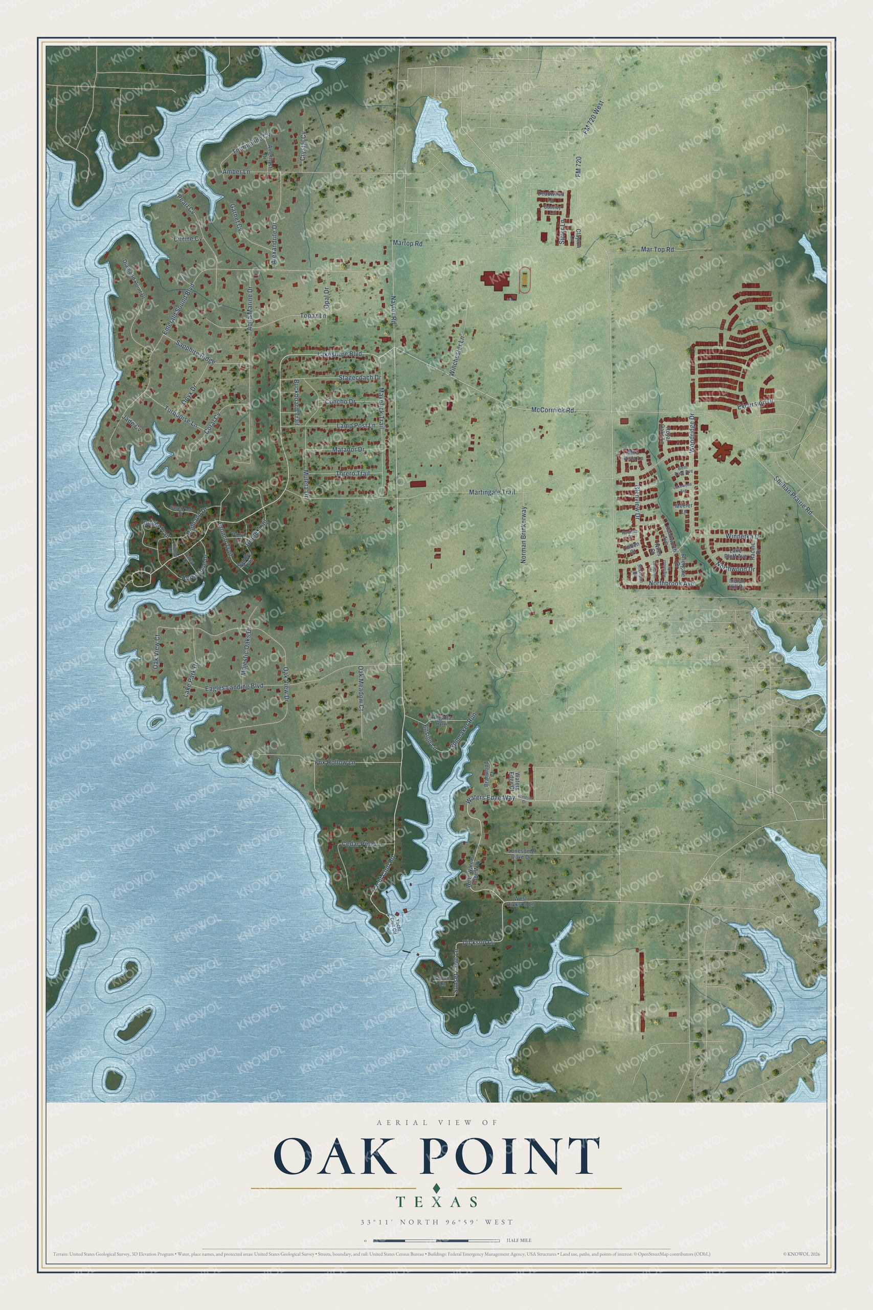 Watermarked full-map preview of Oak Point, Texas
