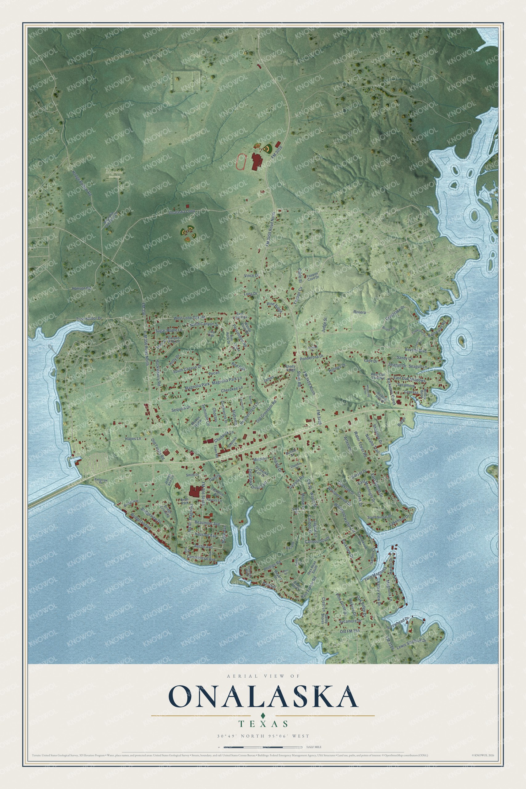 Watermarked full-map preview of Onalaska, Texas