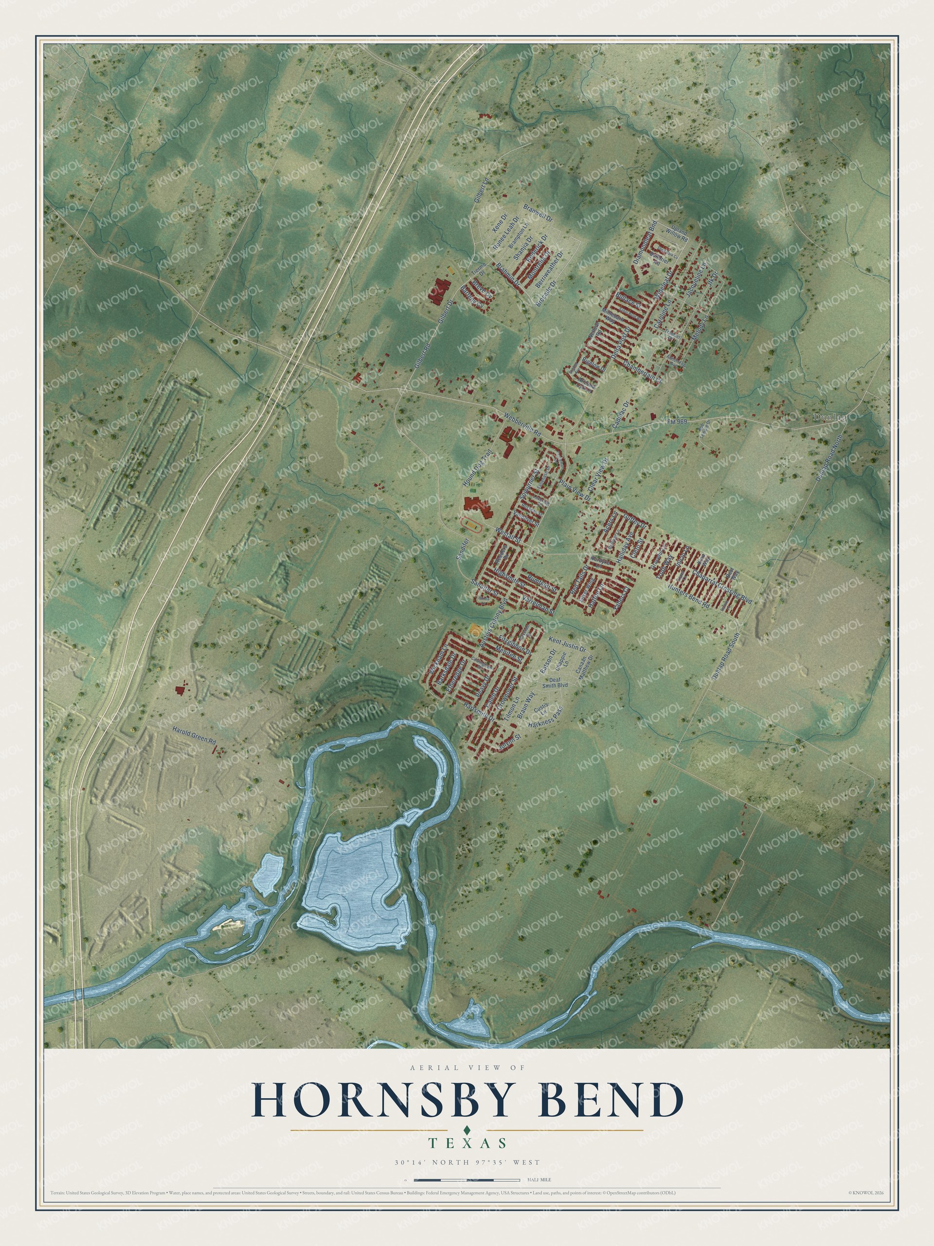 Watermarked full-map preview of Hornsby Bend, Texas
