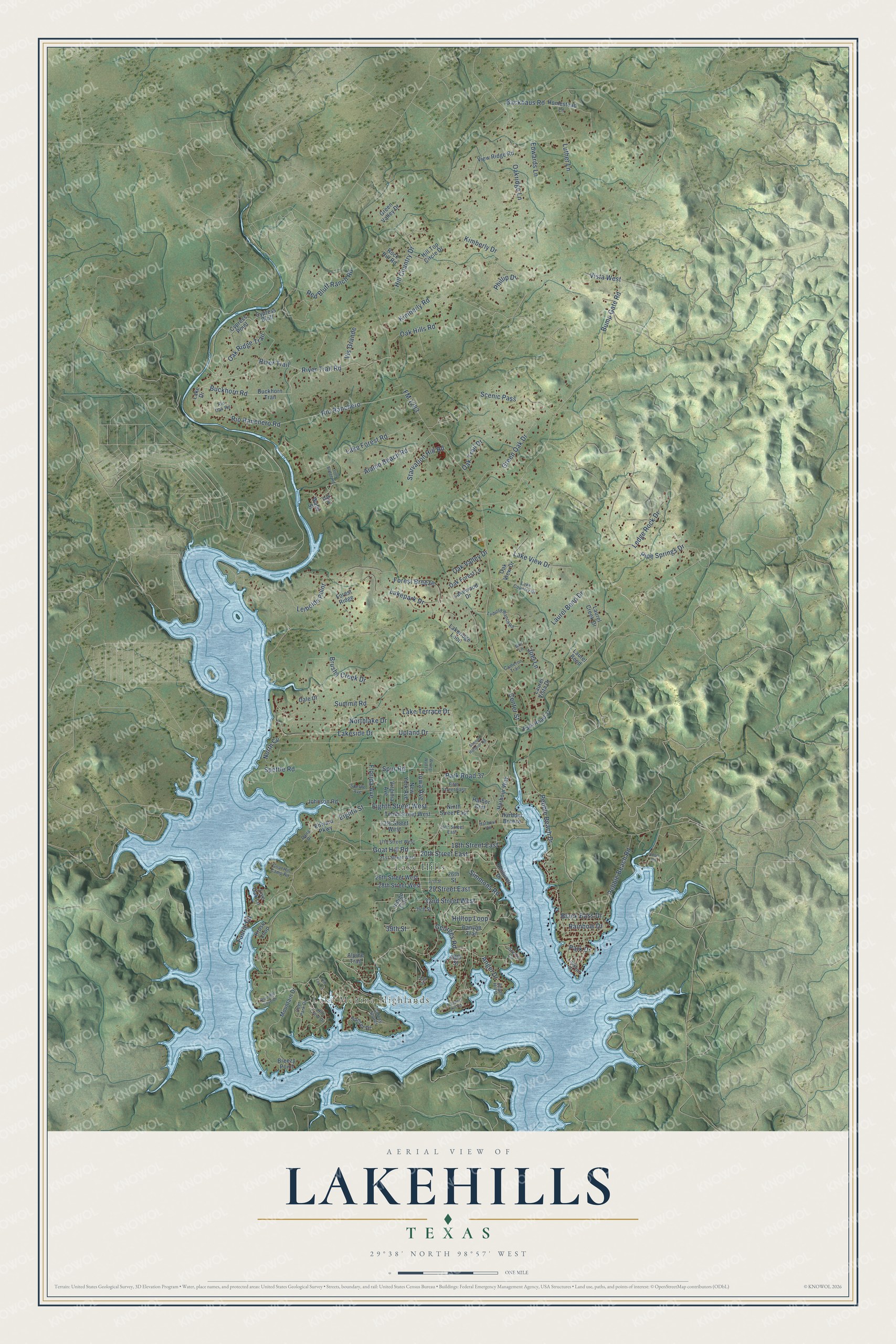 Watermarked full-map preview of Lakehills, Texas