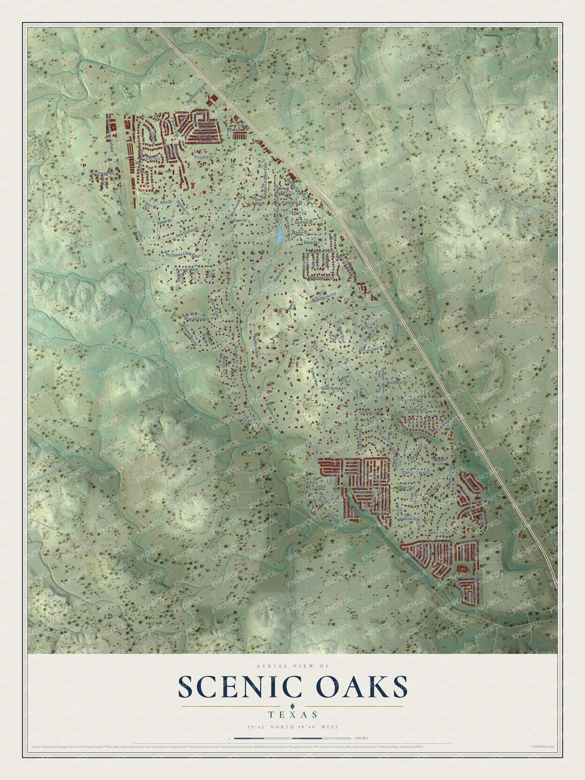 Watermarked full-map preview of Scenic Oaks, Texas