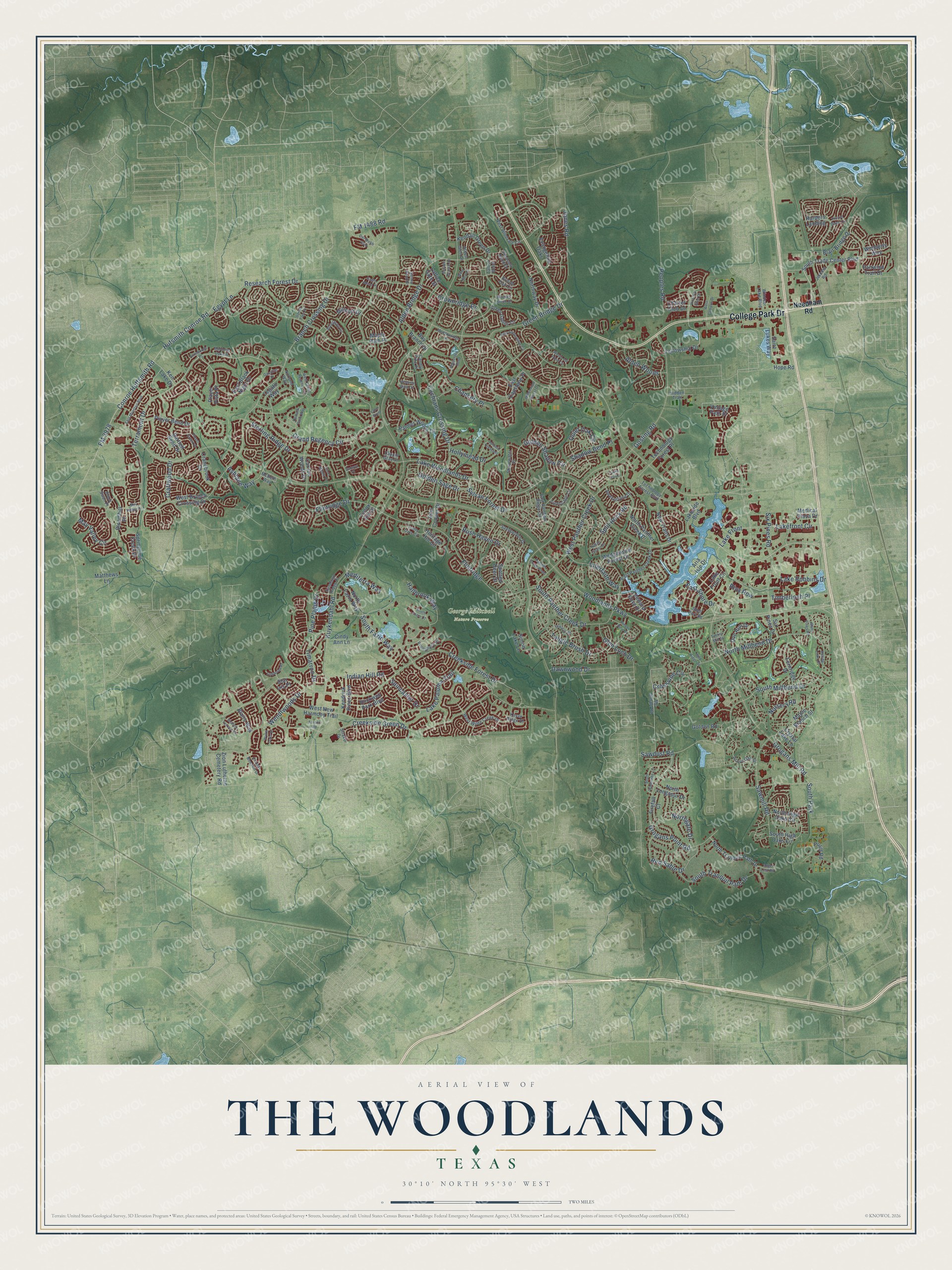 Watermarked full-map preview of The Woodlands, Texas