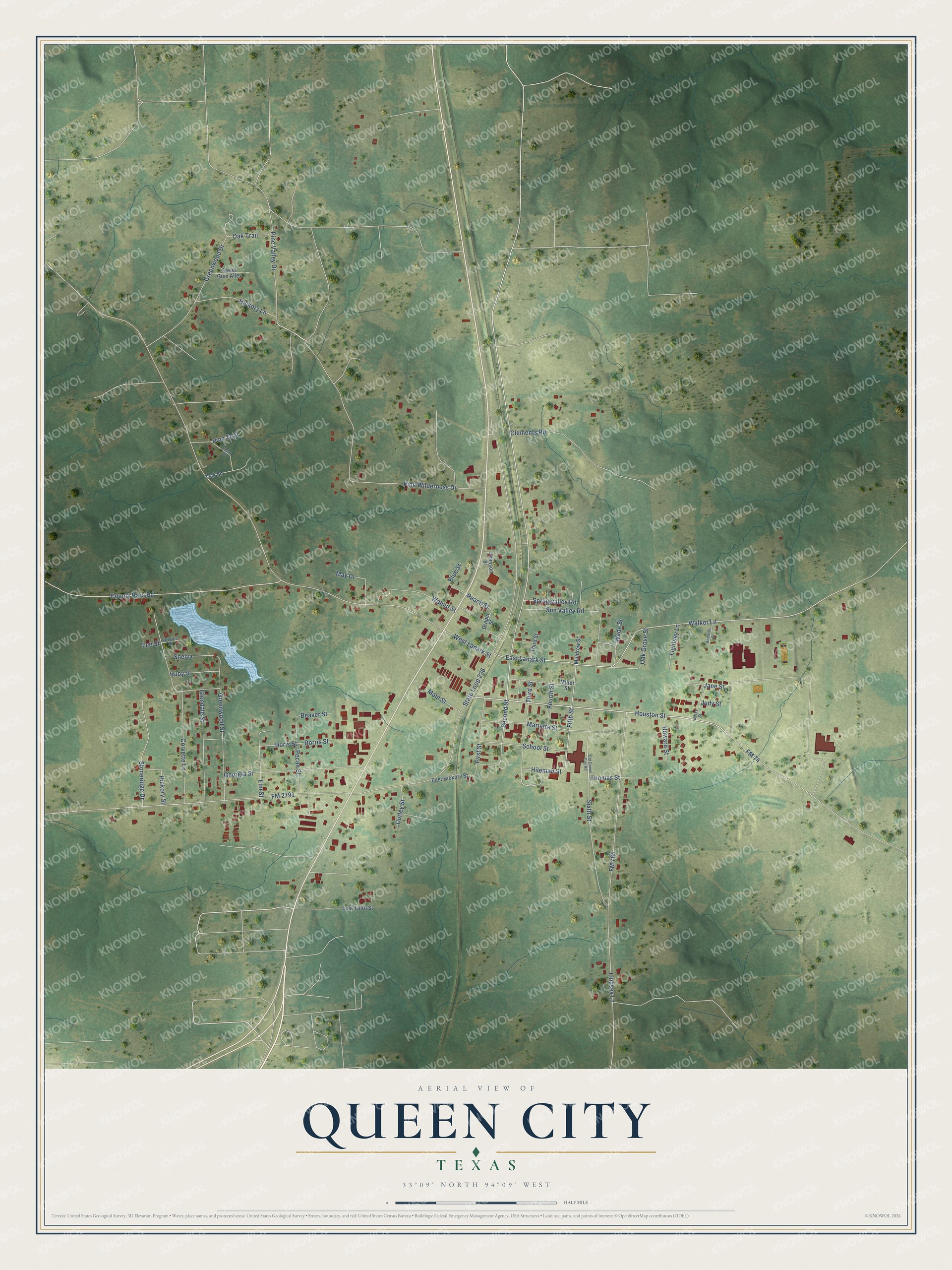Watermarked full-map preview of Queen City, Texas
