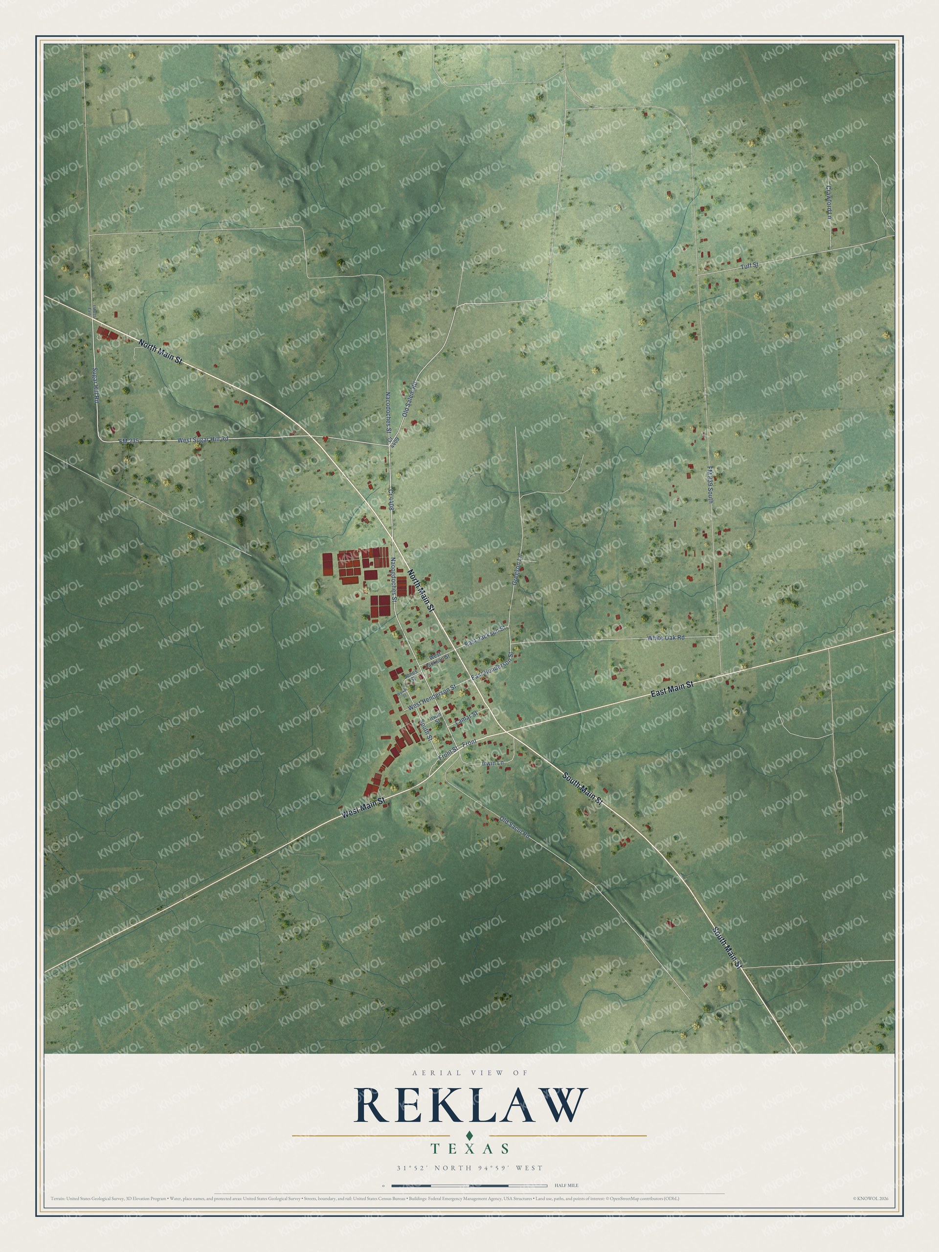 Watermarked full-map preview of Reklaw, Texas